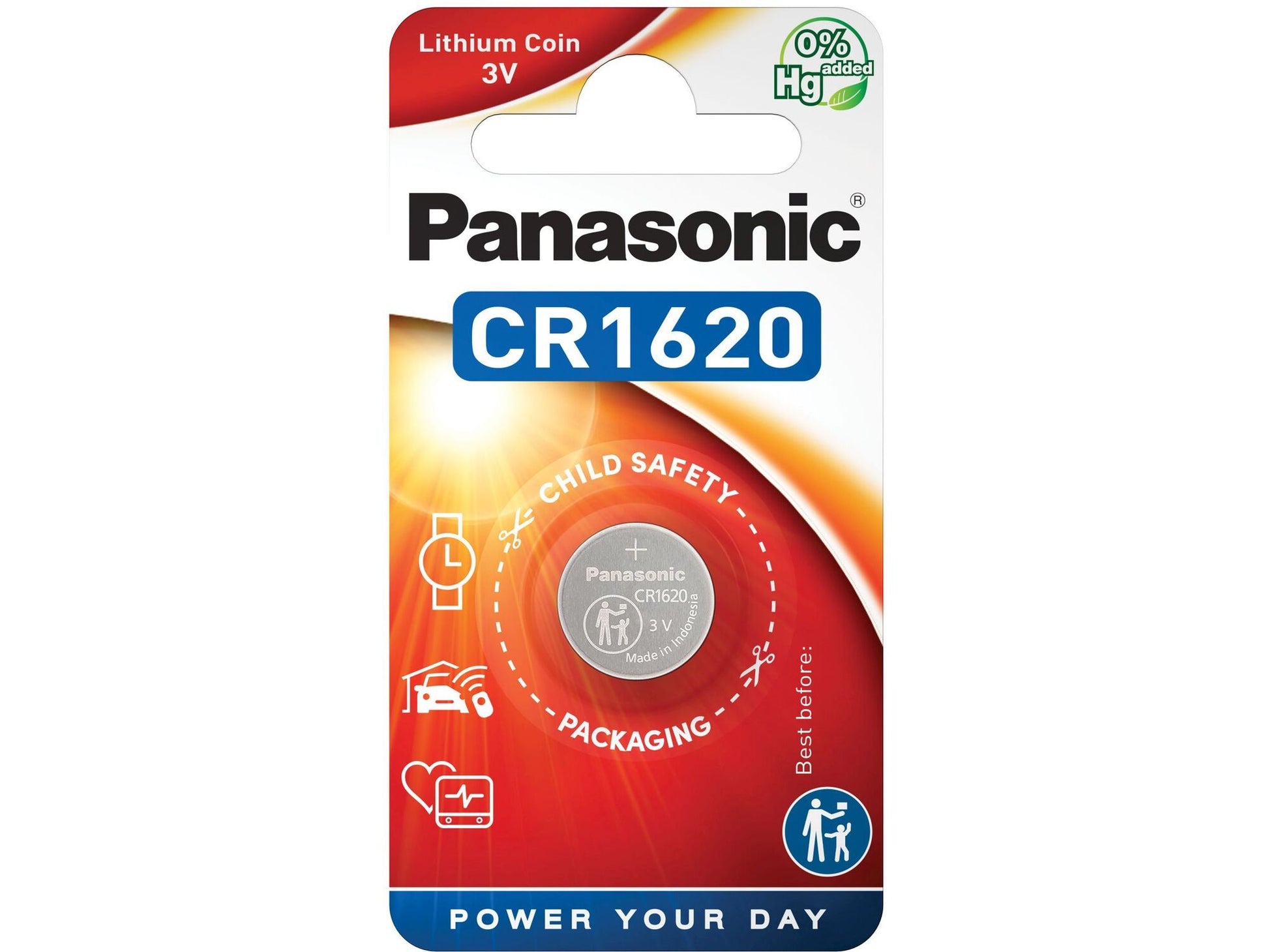 Panasonic CR1620 lithium battery, round and silver, commonly used in watches and small electronic devices.