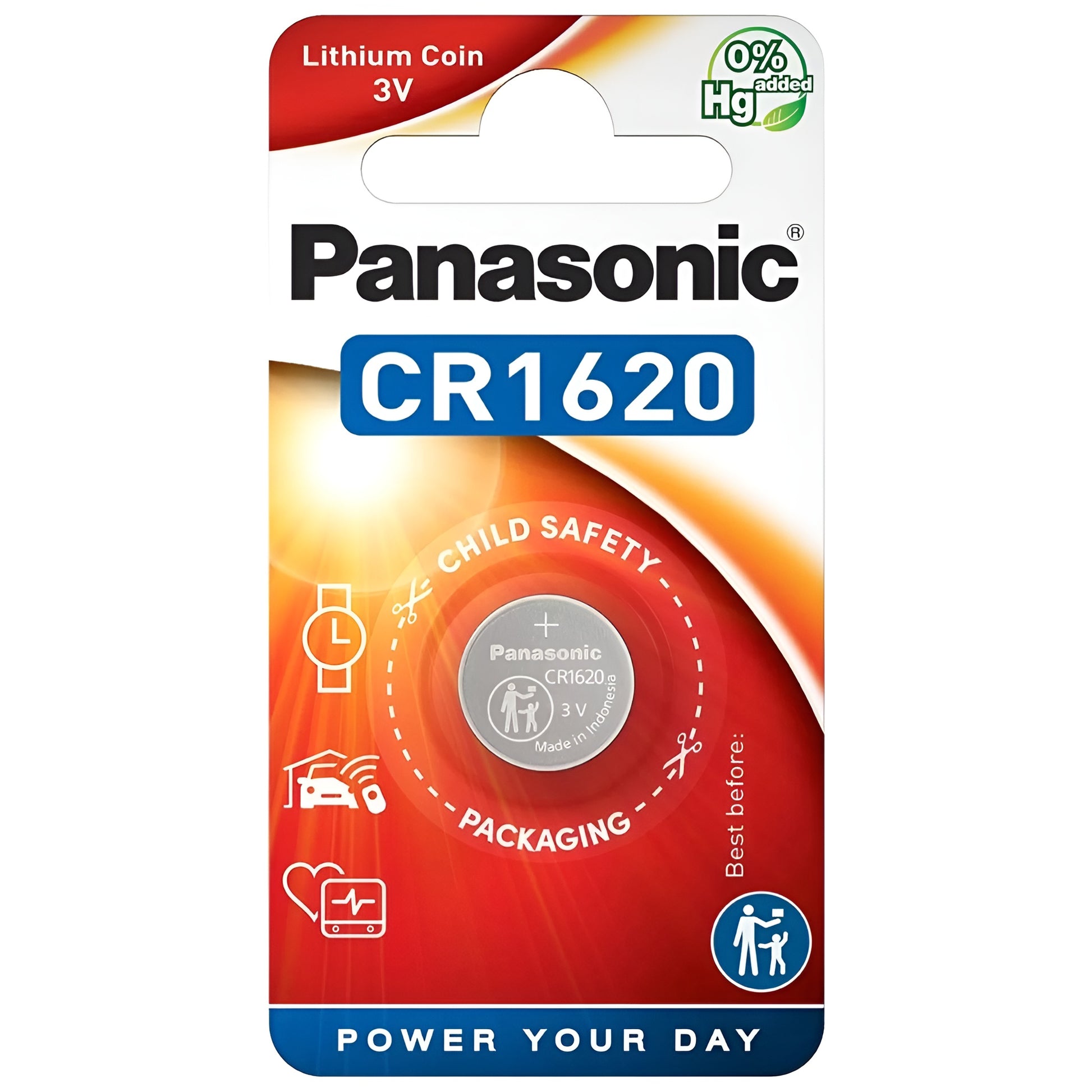 Panasonic CR1620 lithium battery, round and silver, commonly used in watches and small electronic devices.