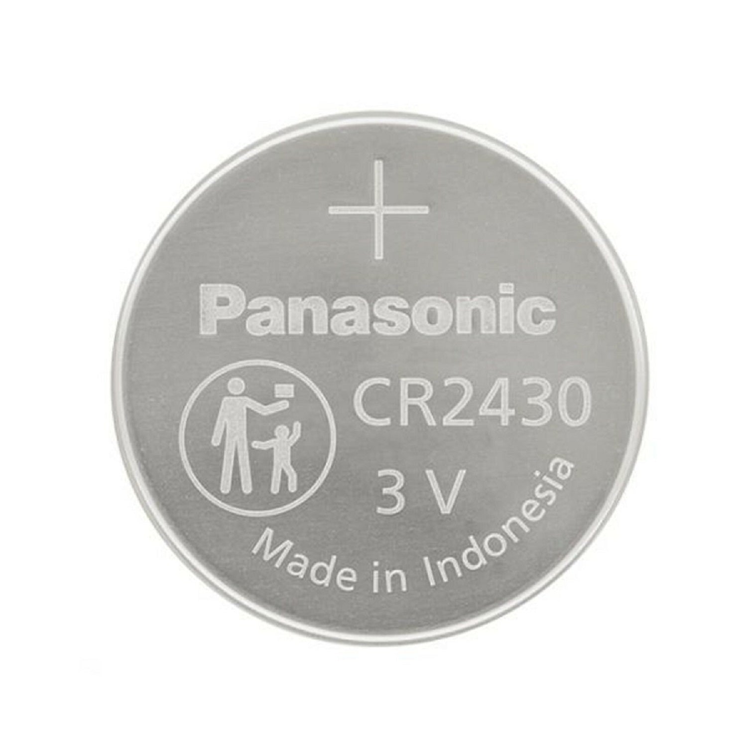 Panasonic CR2430 lithium battery, round and silver, commonly used in watches and small electronic devices.