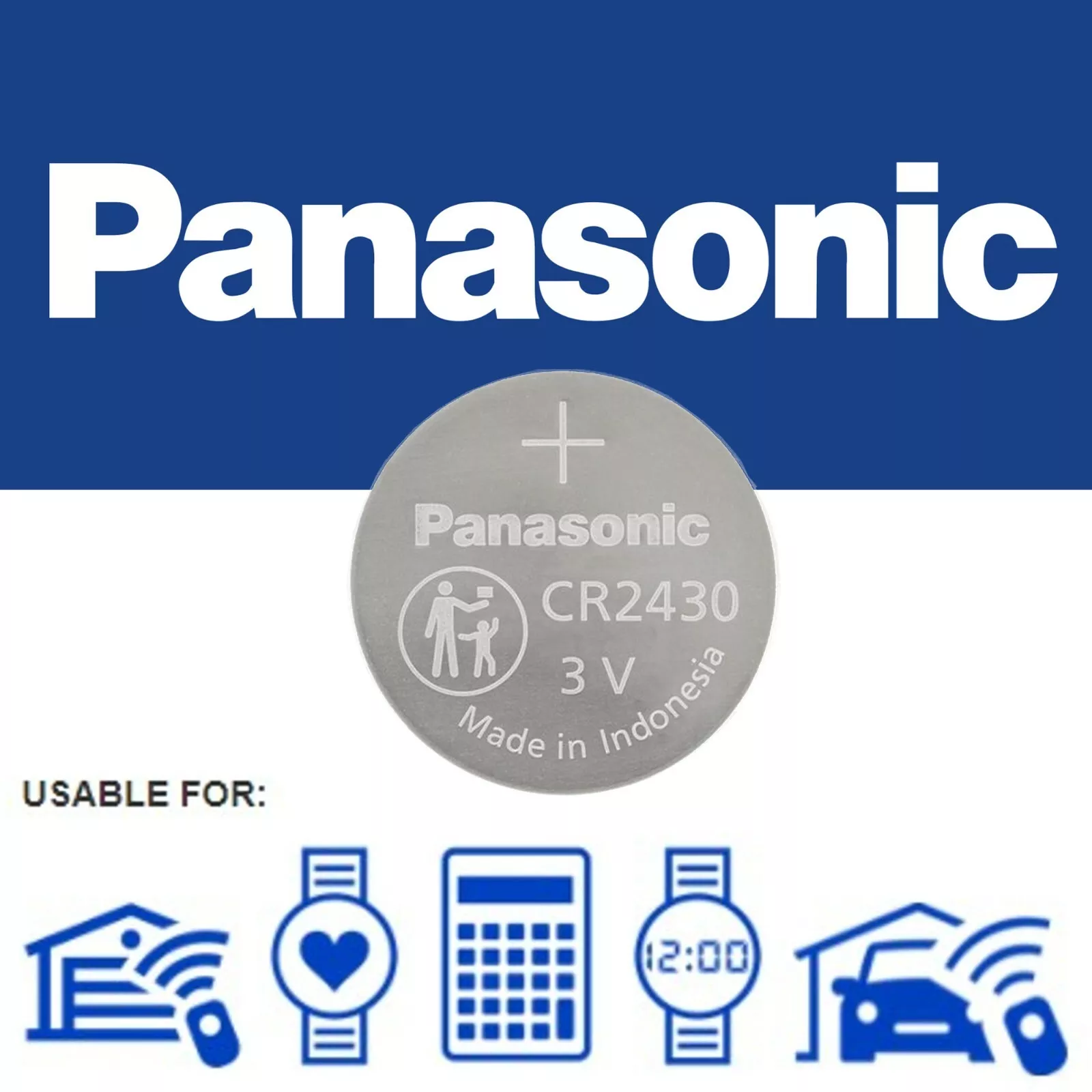 Panasonic CR2430 lithium battery, round and silver, commonly used in watches and small electronic devices.