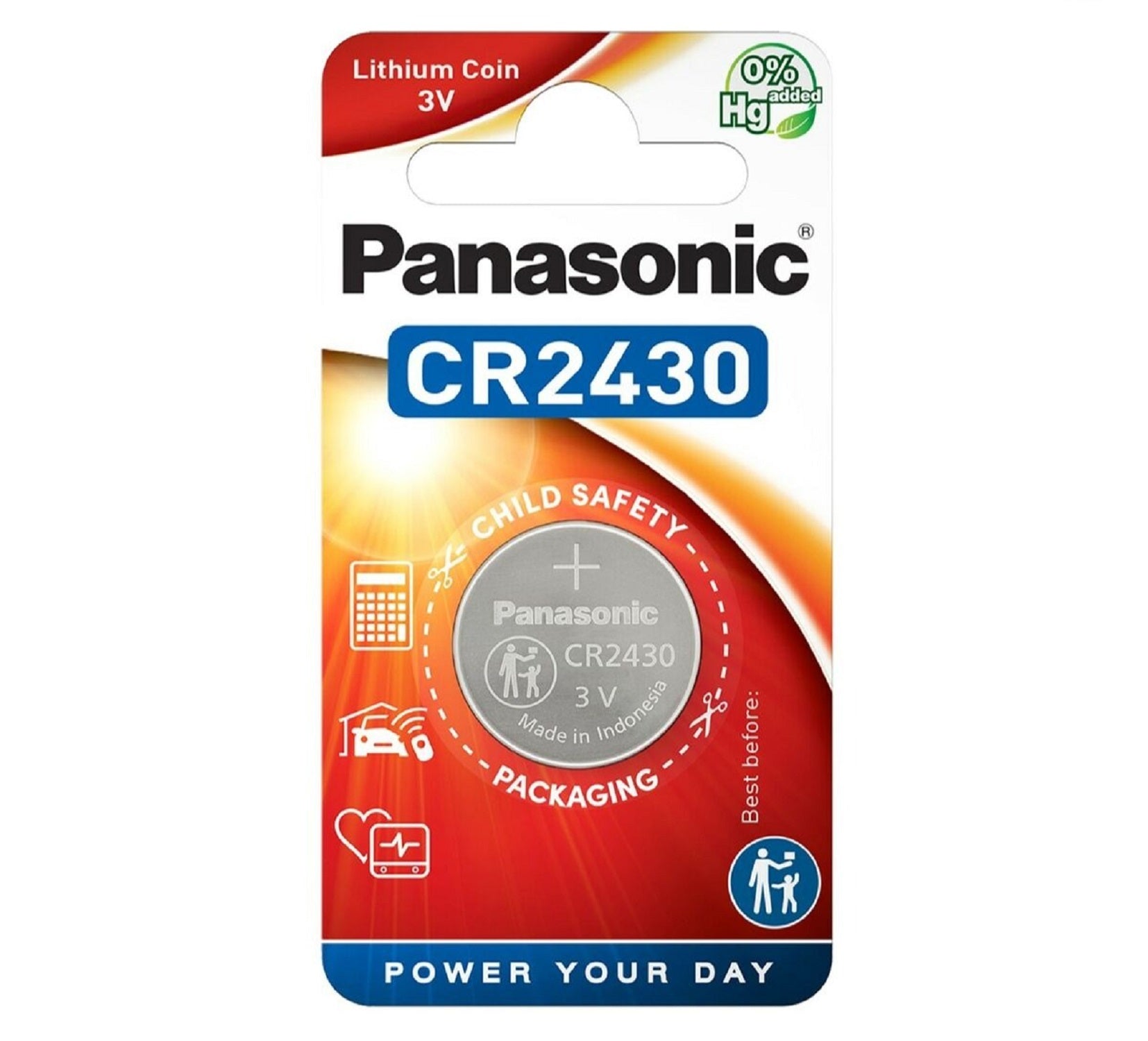 Panasonic CR2430 lithium battery, round and silver, commonly used in watches and small electronic devices.