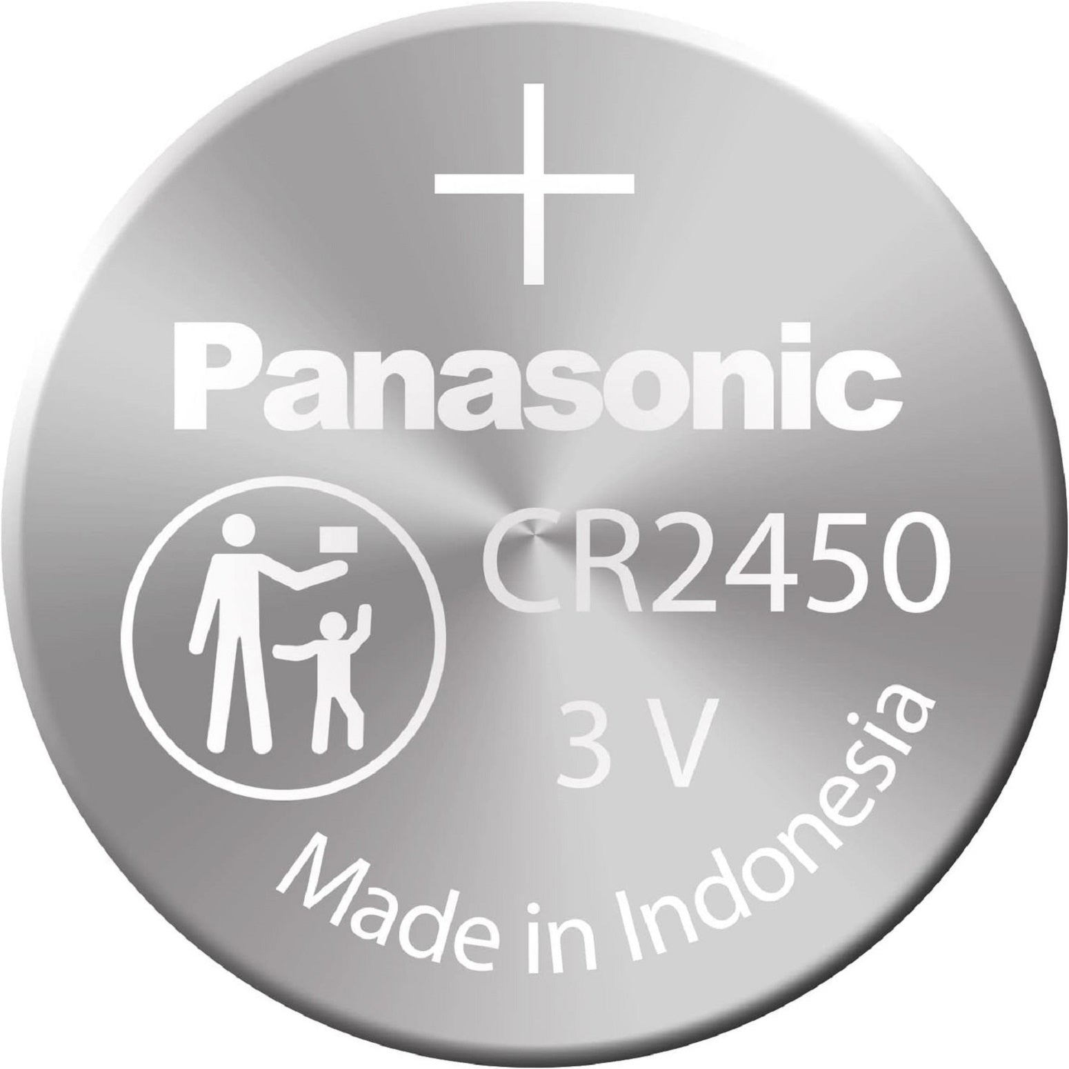 Panasonic CR2450 lithium battery, round and silver, commonly used in watches and small electronic devices.