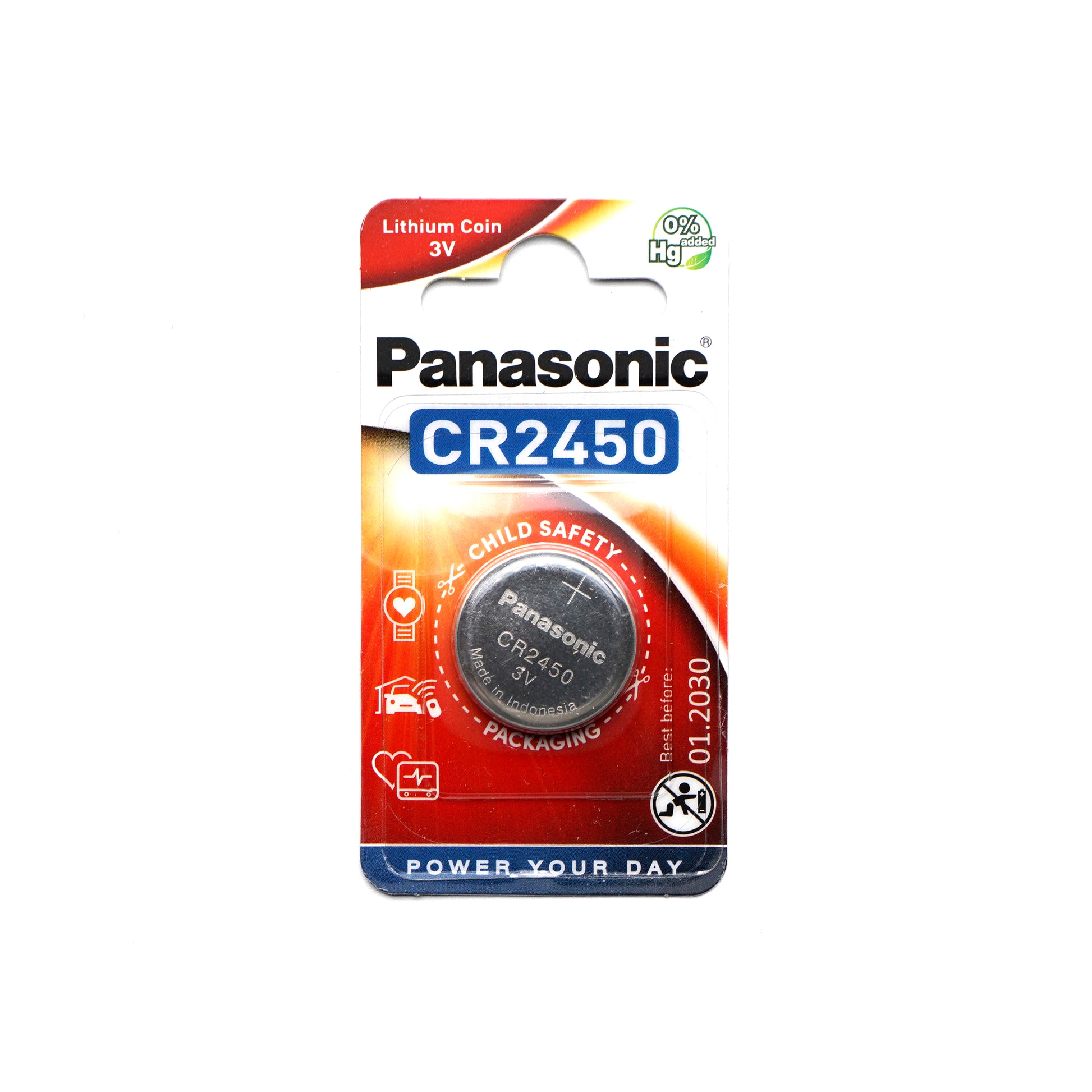 Panasonic CR2450 lithium battery, round and silver, commonly used in watches and small electronic devices.