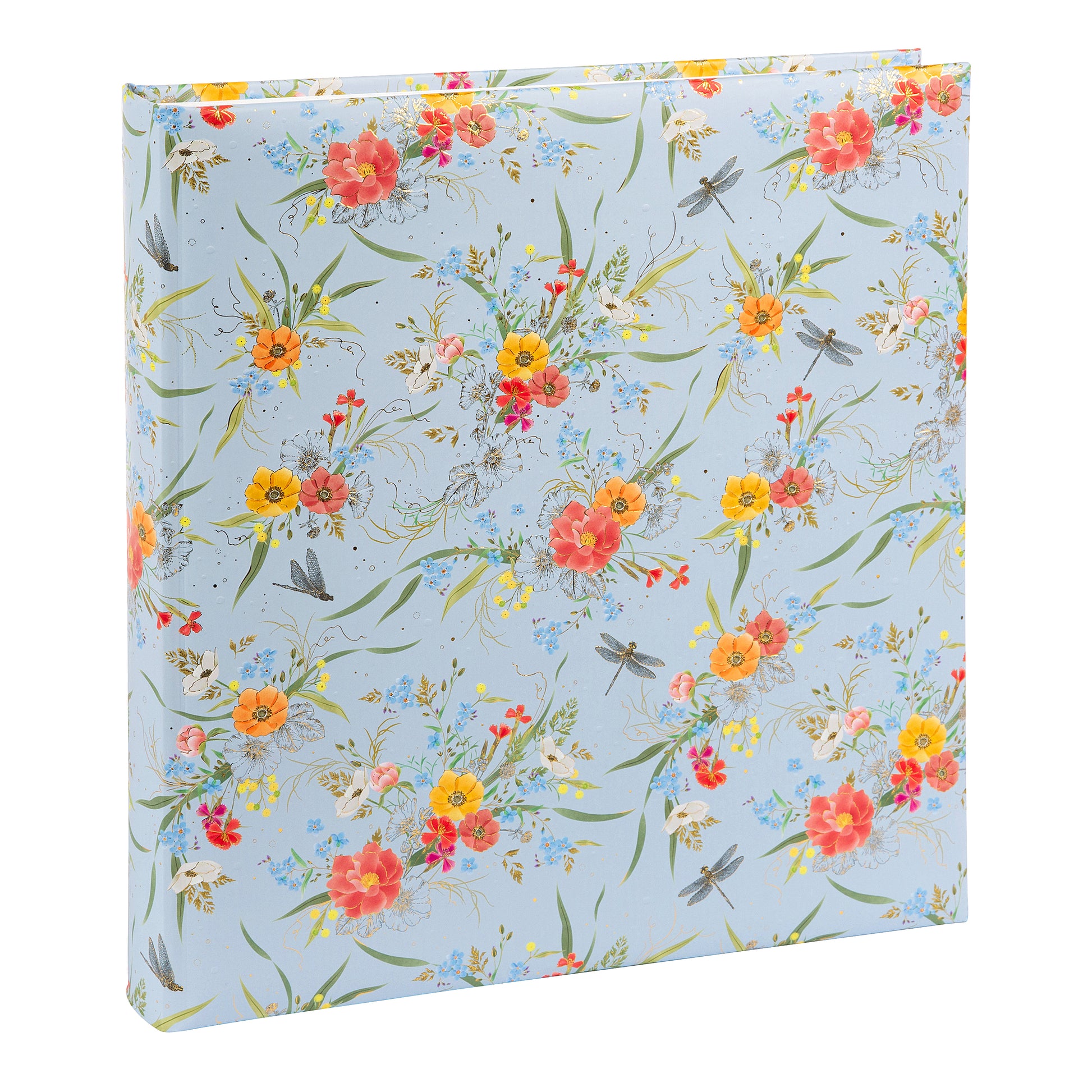 A Goldbuch photo album with a flower illustration on a light blue cover, showcasing its hardcover design and white pages.
