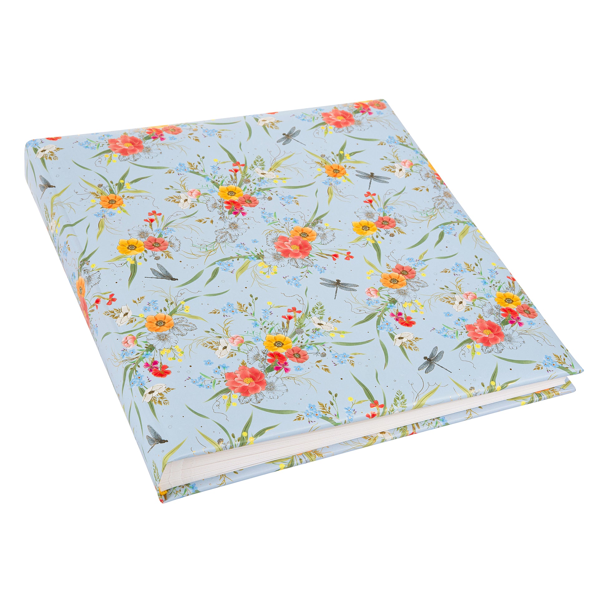A Goldbuch photo album with a flower illustration on a light blue cover, showcasing its hardcover design and white pages.