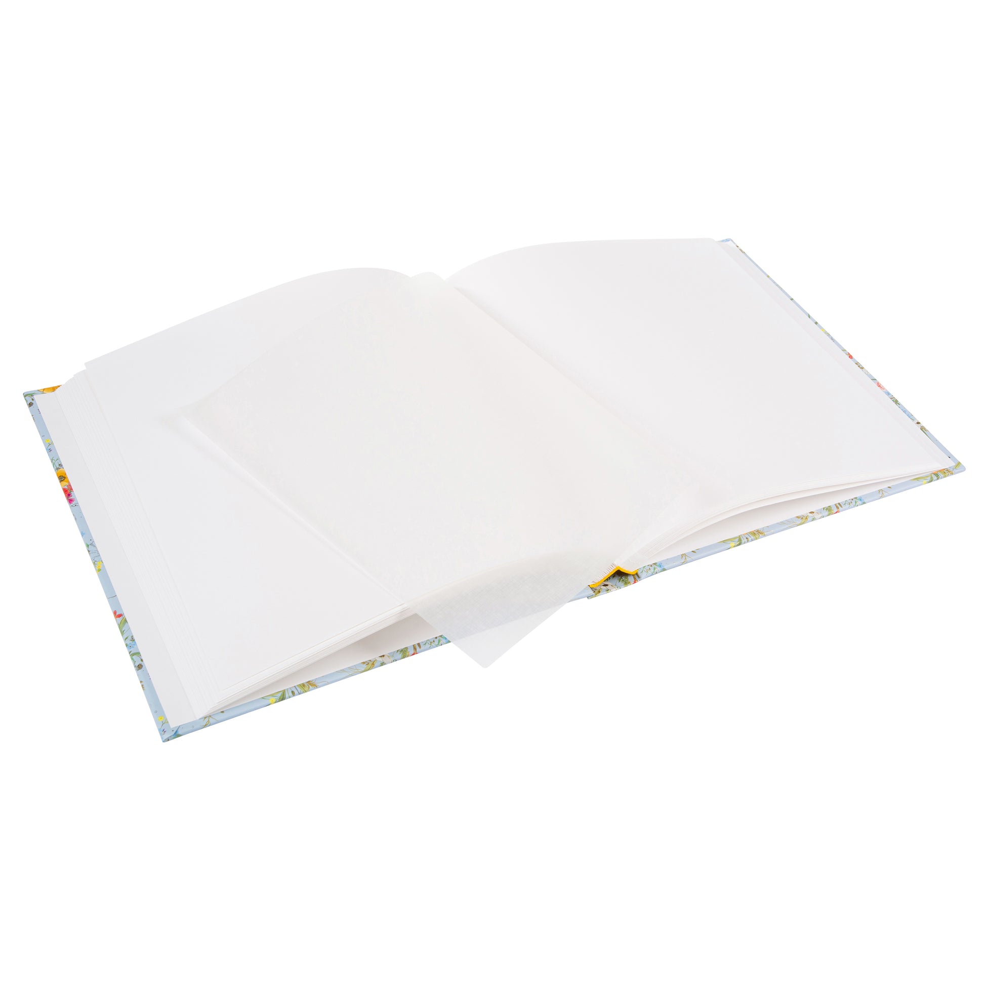 A Goldbuch photo album with a flower illustration on a light blue cover, showcasing its hardcover design and white pages.