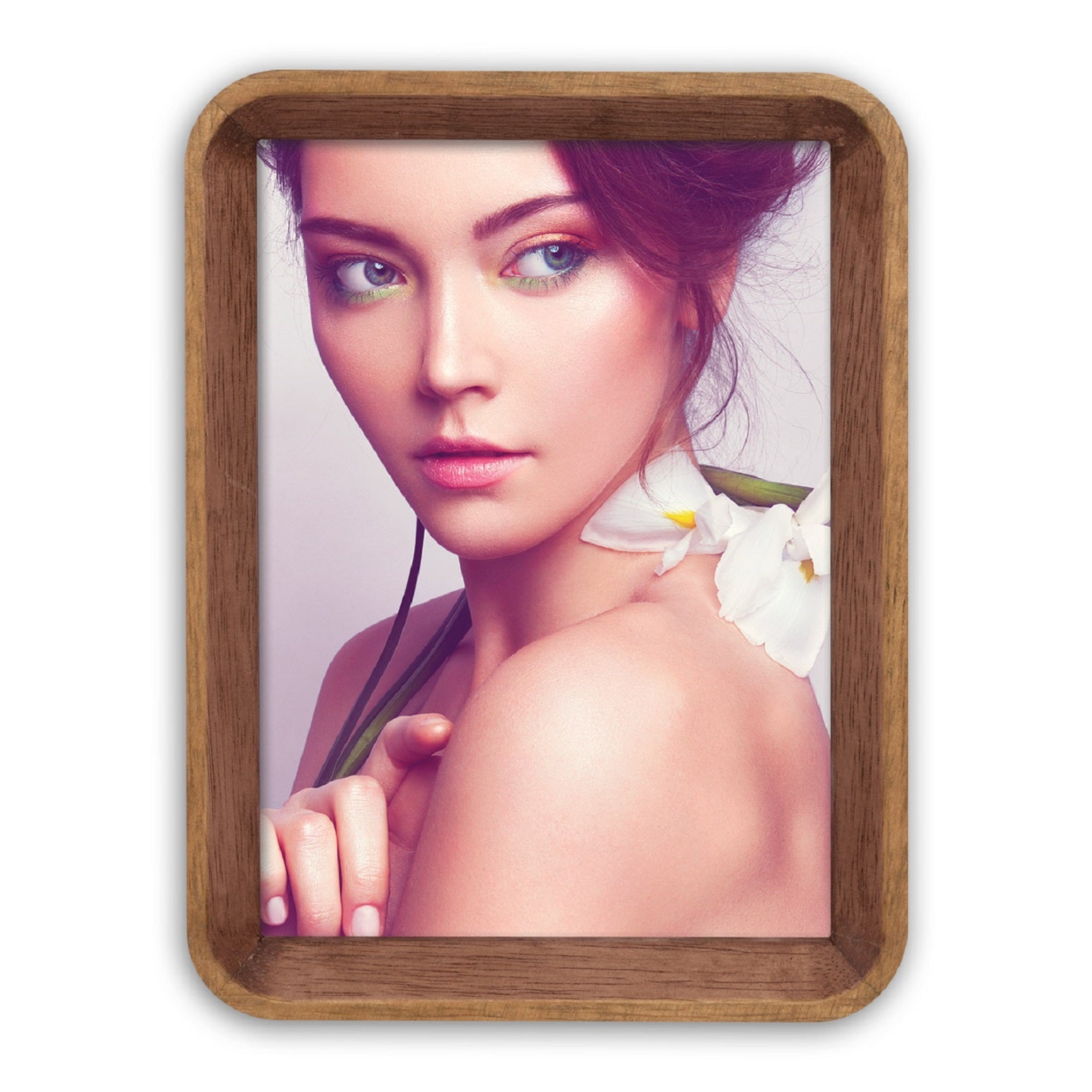 A ZEP wooden photo frame displaying a portrait of a woman, elegantly showcasing her image.