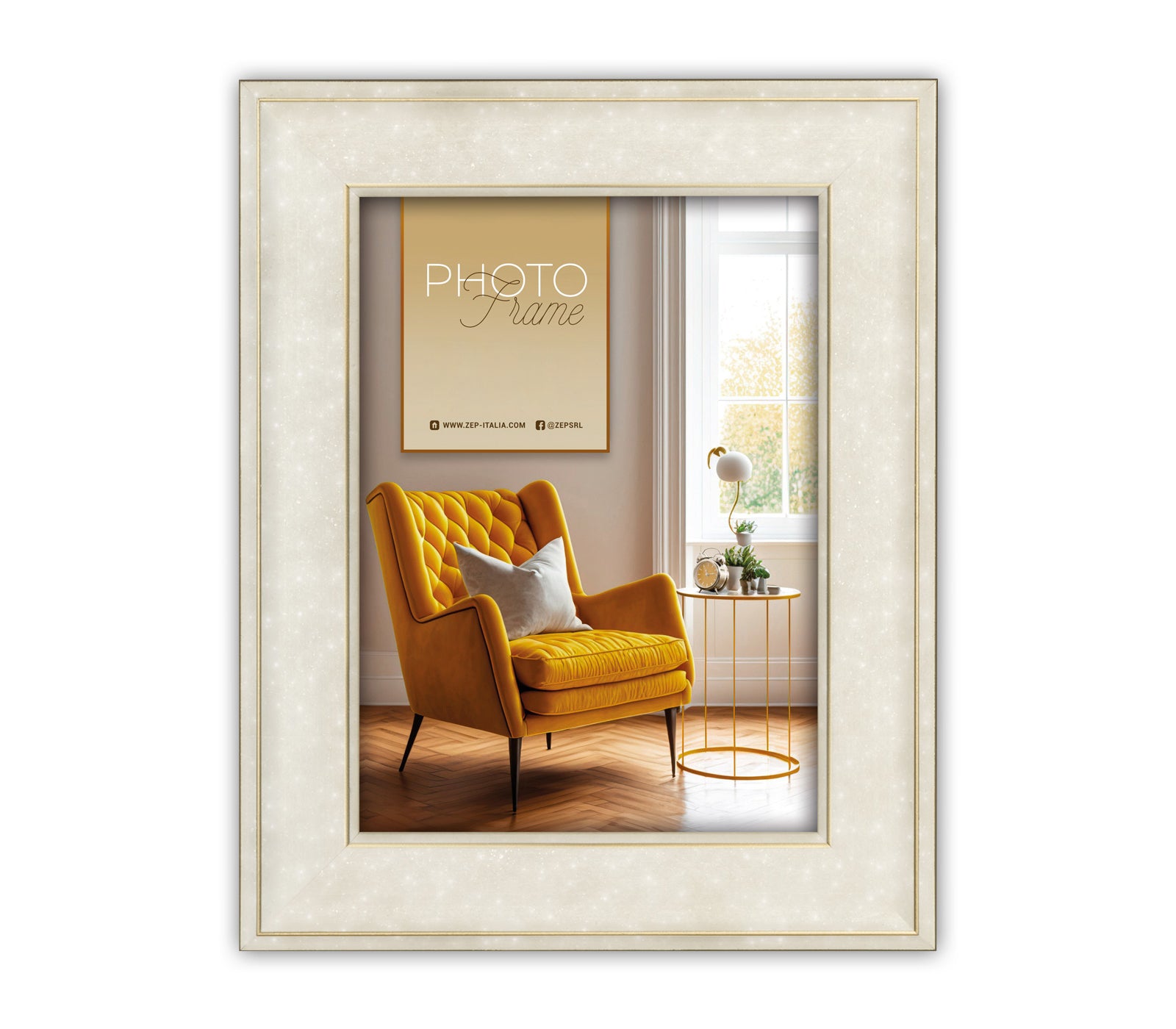 An elegant white ZEP photo frame featuring a yellow chair, wooden frame, combining a cheerful hue with the warmth of natural wood for a stylish look.