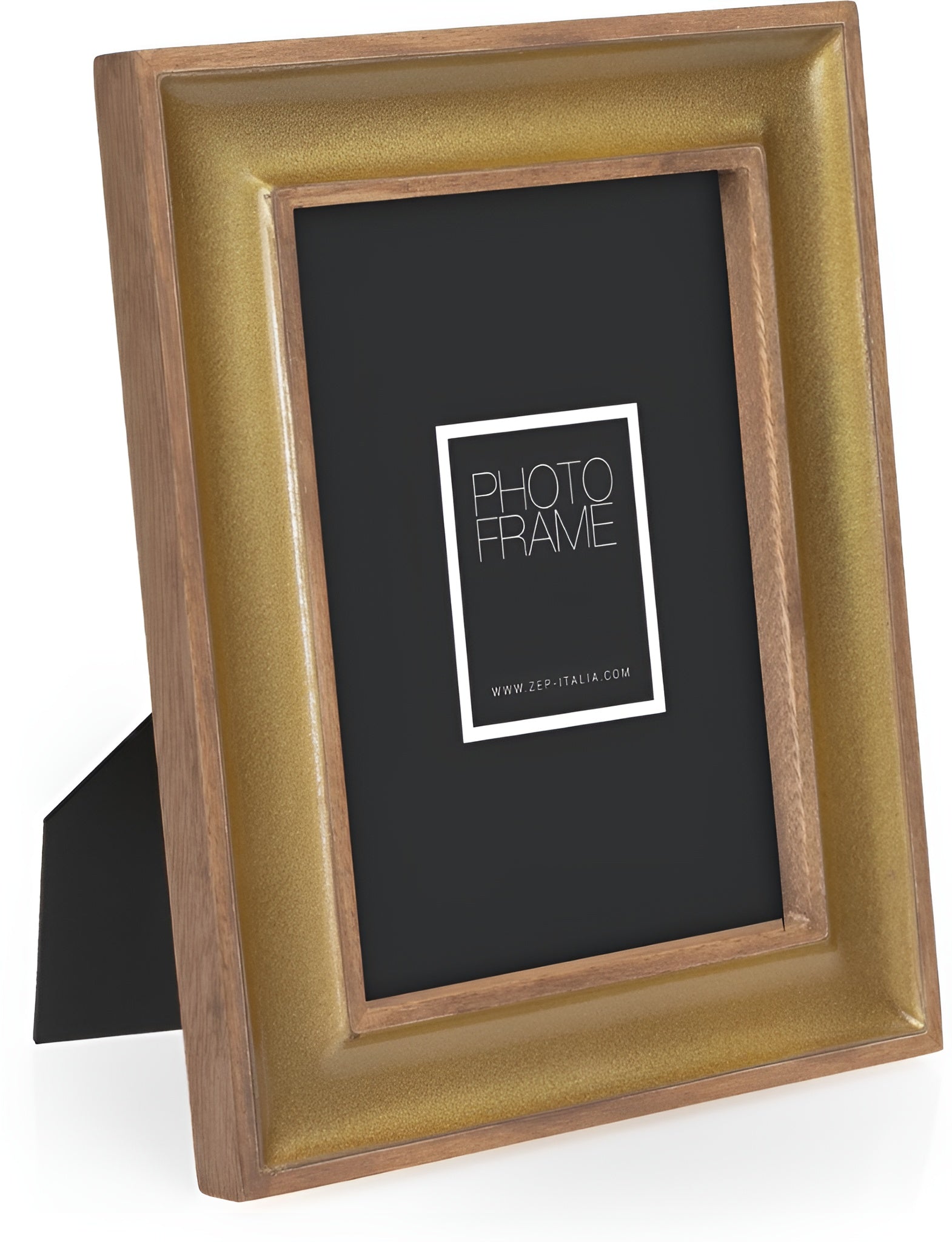 A ZEP golden photo frame displaying a beautiful woman elegantly dressed, capturing a moment of grace and style.