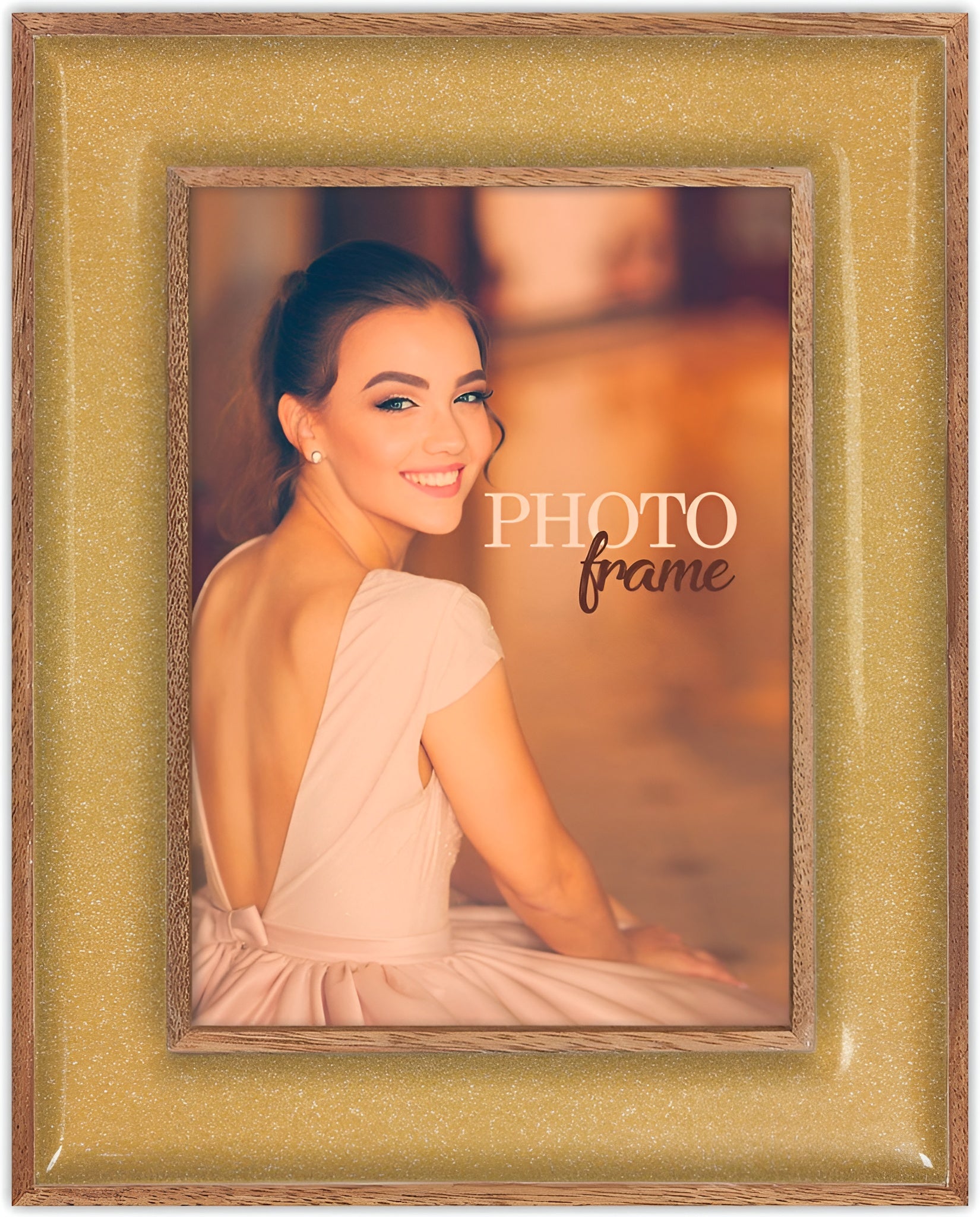 A ZEP golden photo frame displaying a beautiful woman elegantly dressed, capturing a moment of grace and style.