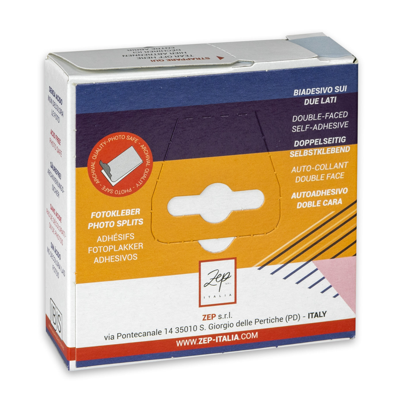 A 500-piece box of Zep Italia photo splits, featuring a colorful design with geometric patterns and a demonstration of the photo-splits effect on a printed photo.