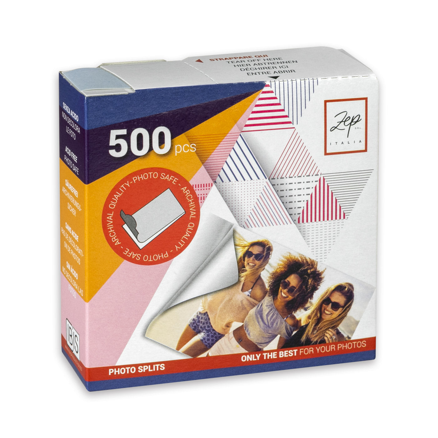 A 500-piece box of Zep Italia photo splits, featuring a colorful design with geometric patterns and a demonstration of the photo-splits effect on a printed photo.