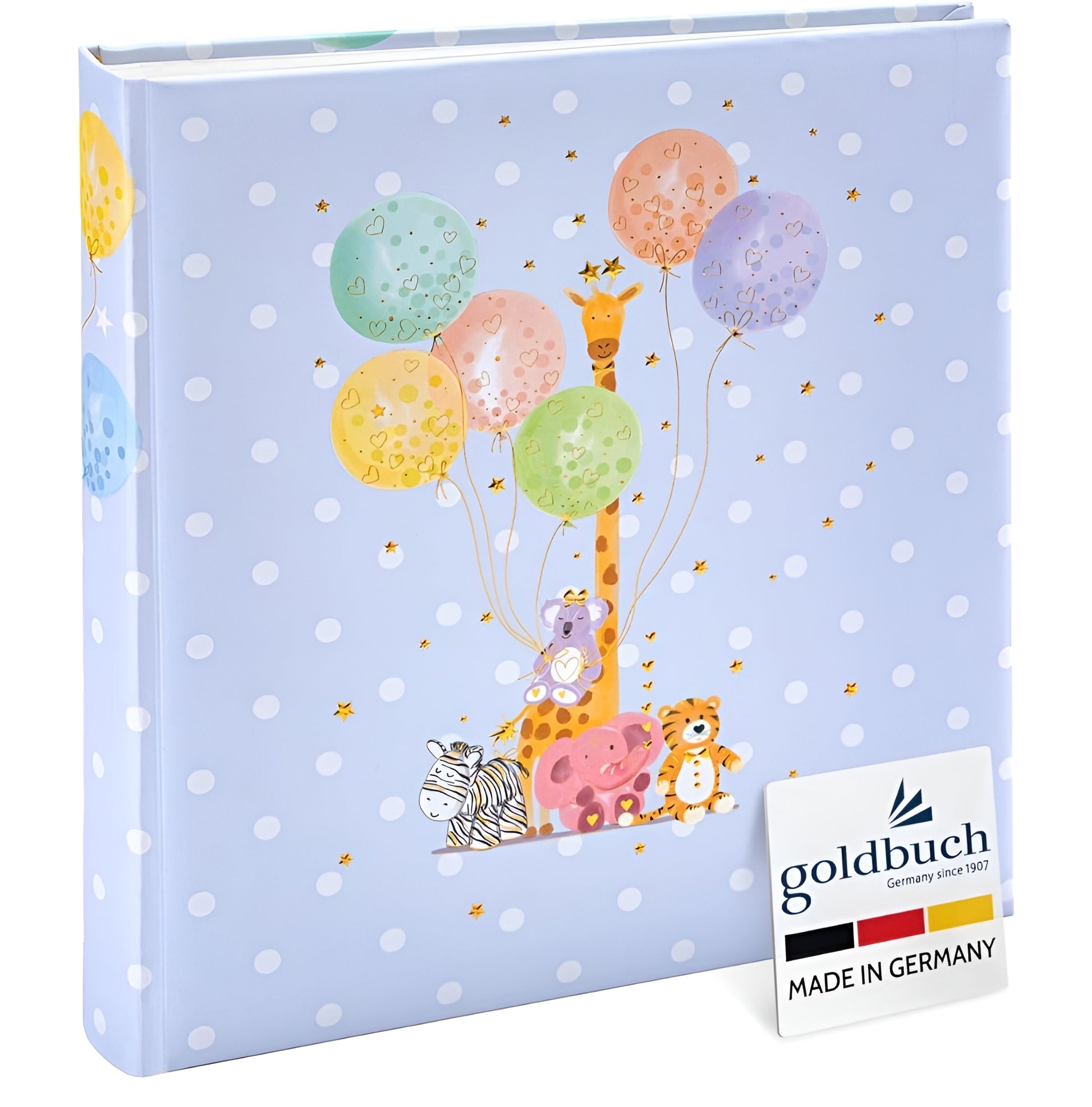 Goldbuch baby shower-themed photo album illustrated with cheerful animals and festive balloons.