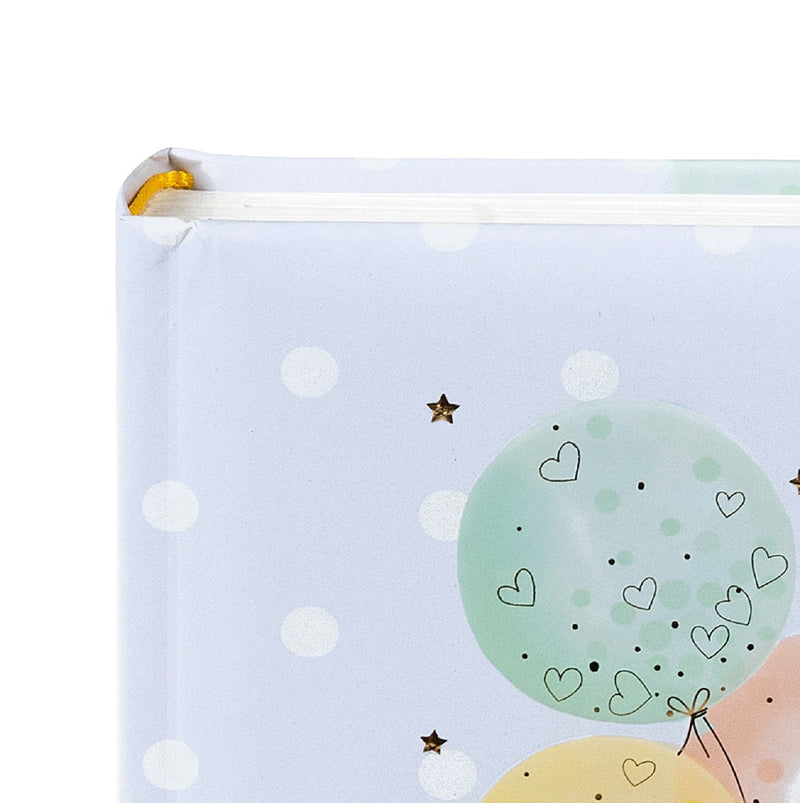 Goldbuch baby shower-themed photo album illustrated with cheerful animals and festive balloons.