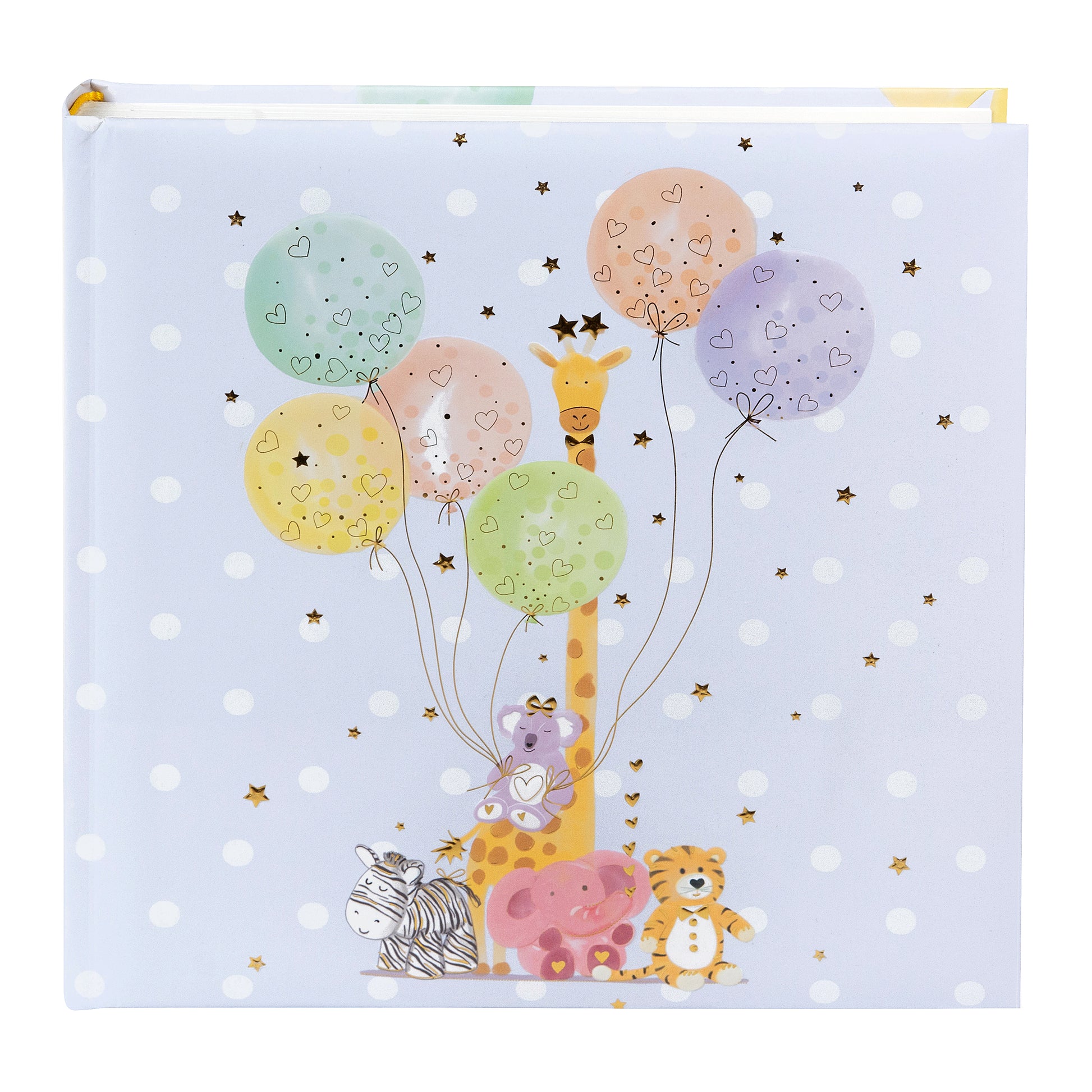 Goldbuch baby shower-themed photo album illustrated with cheerful animals and festive balloons.