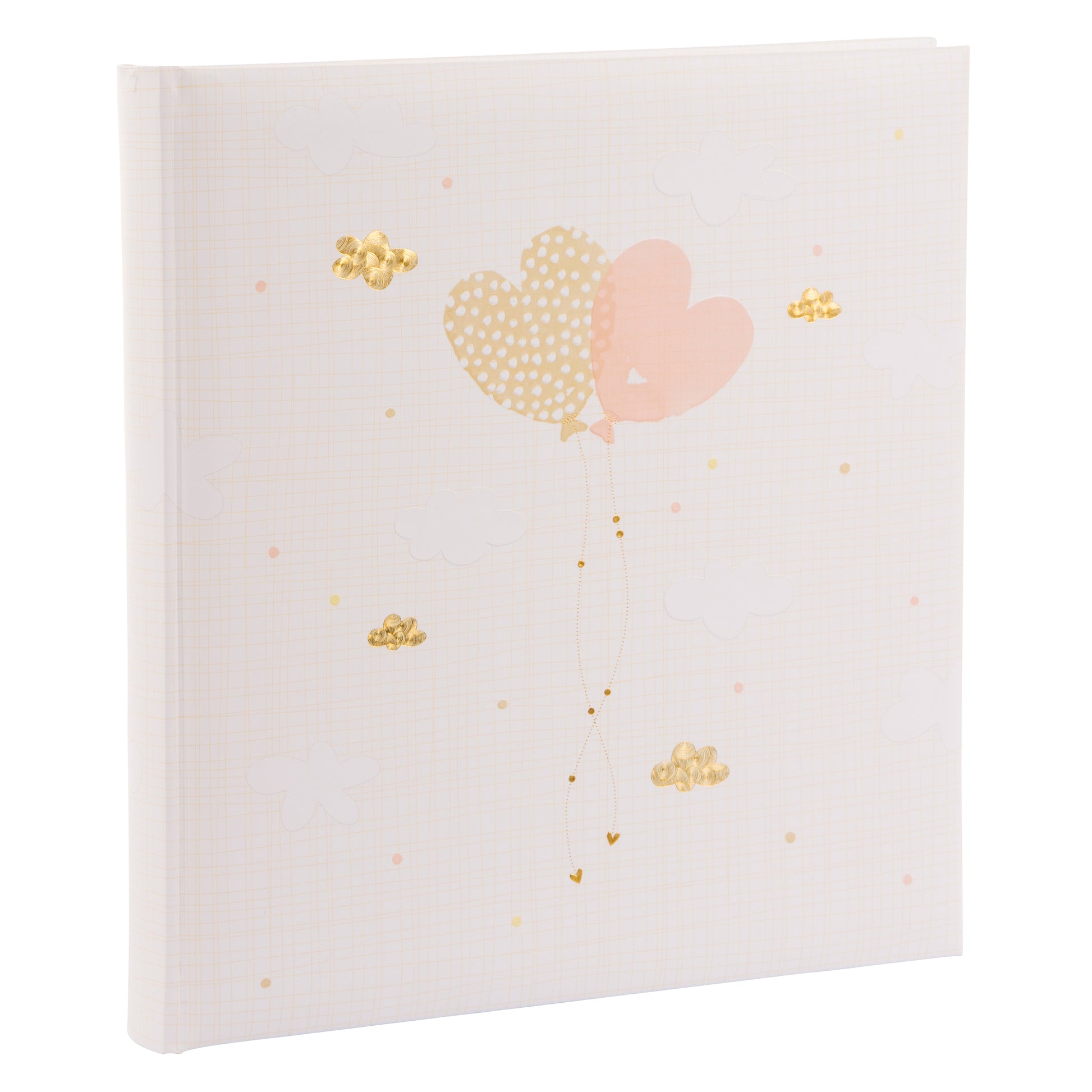 A Goldbuch white photo album with heart shaped balloon design, decorated with golden clouds, ideal for your treasured moments.