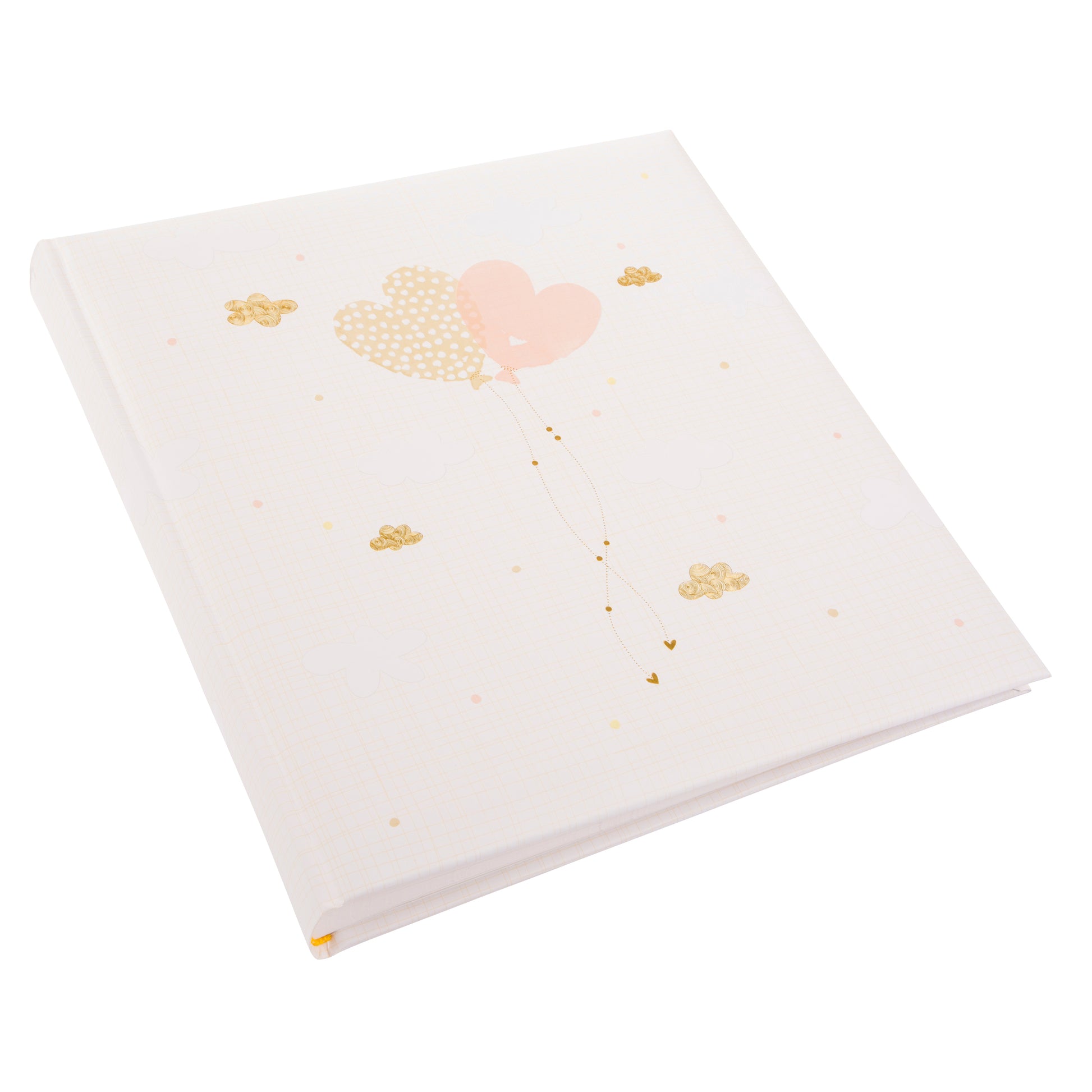A Goldbuch white photo album with heart shaped balloon design, decorated with golden clouds, ideal for your treasured moments.