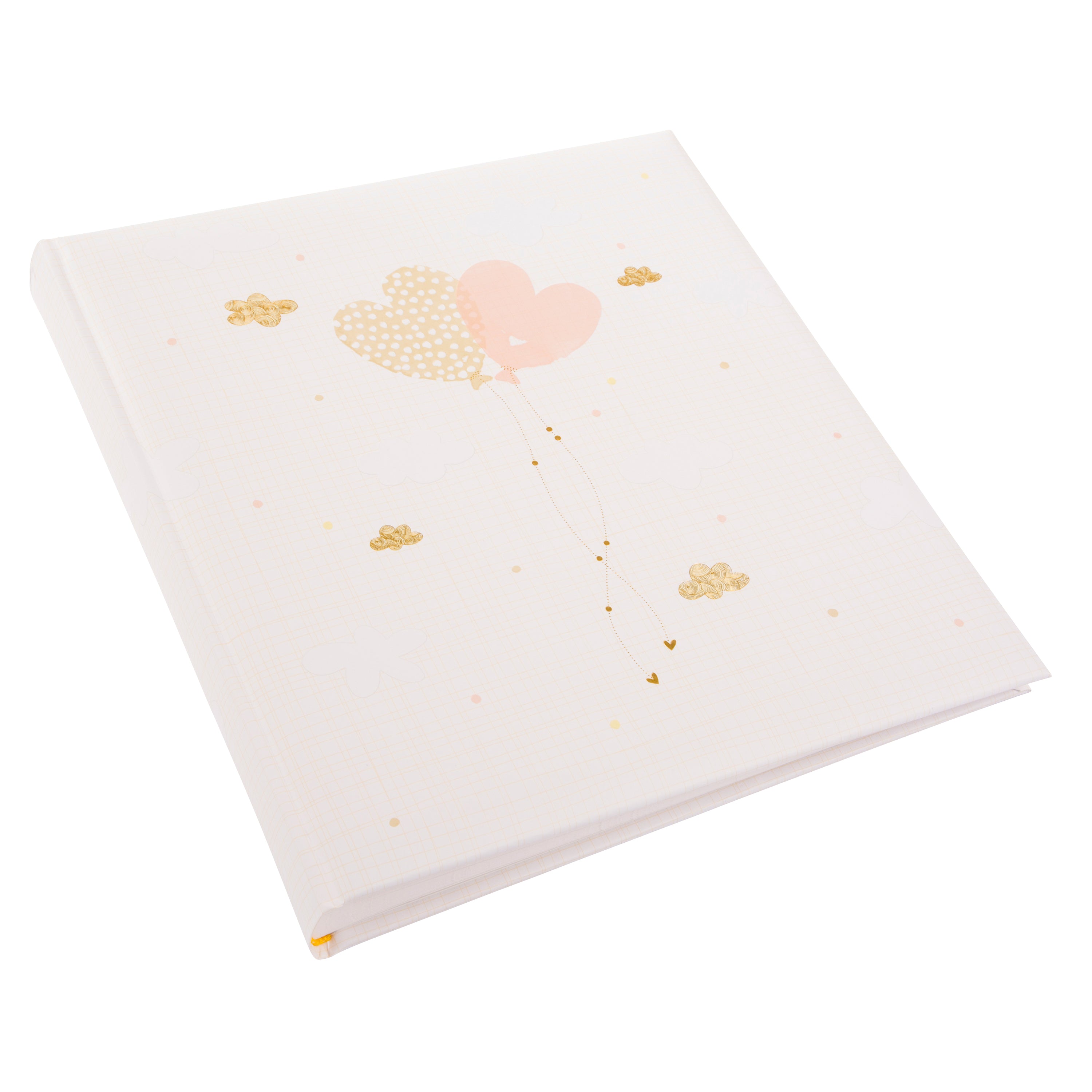 A Goldbuch white photo album with heart shaped balloon design, decorated with golden clouds, ideal for your treasured moments.