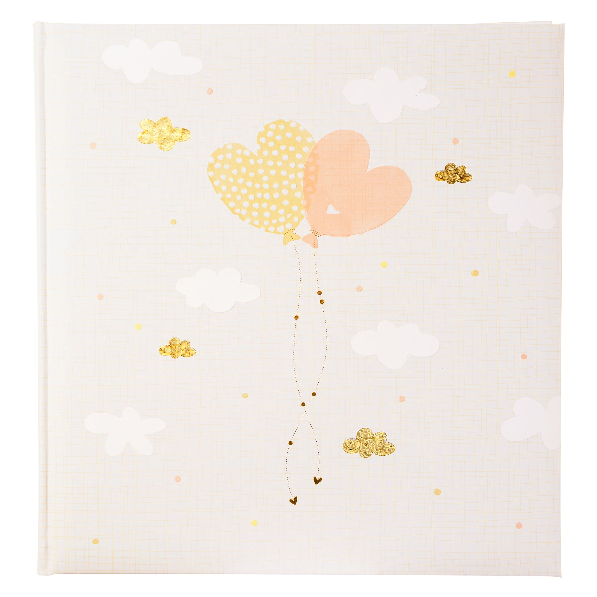 A Goldbuch white photo album with heart shaped balloon design, decorated with golden clouds, ideal for your treasured moments.