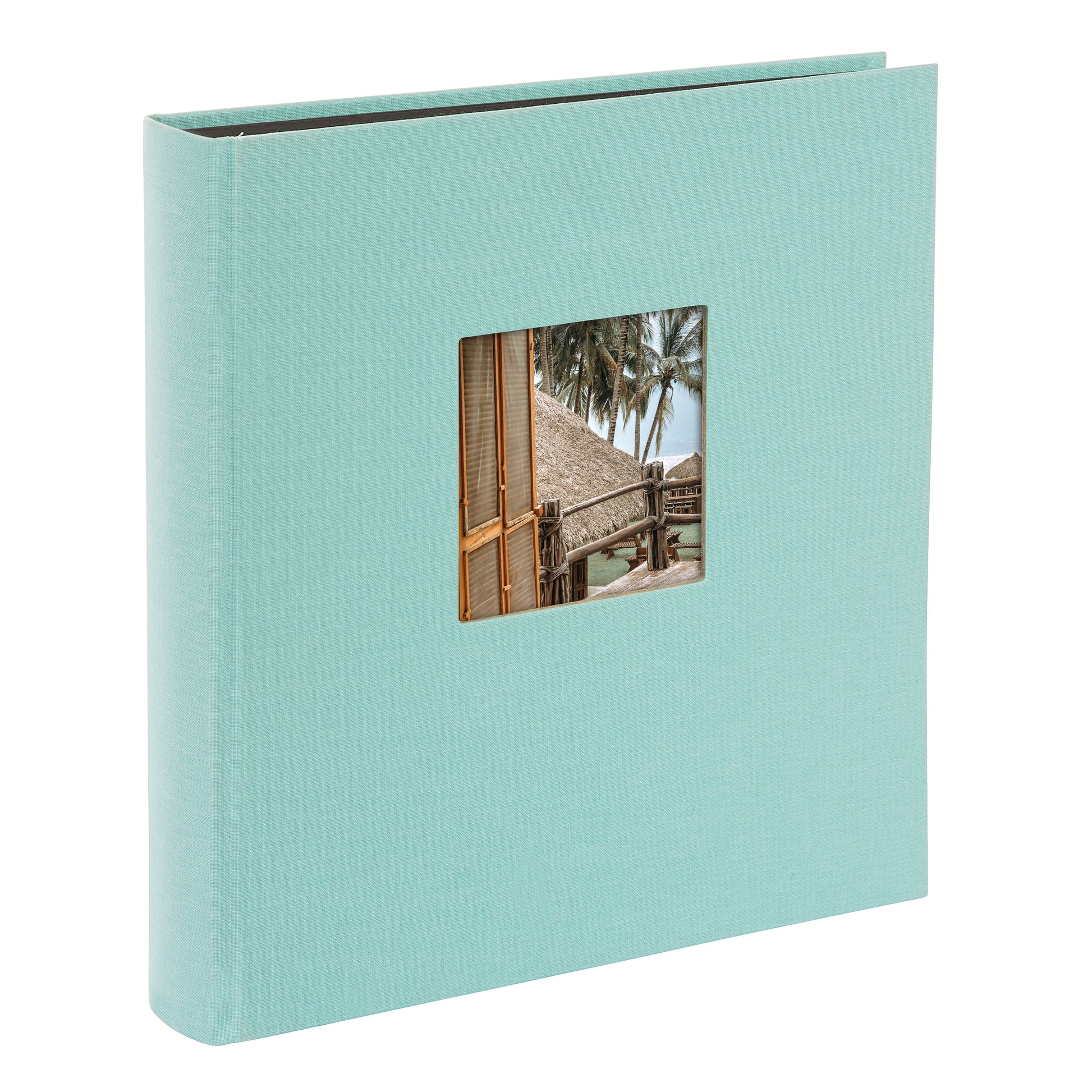 A Goldbuch aqua blue photo album with a cover illustration of a beach house, showcasing its hardcover design and black pages.