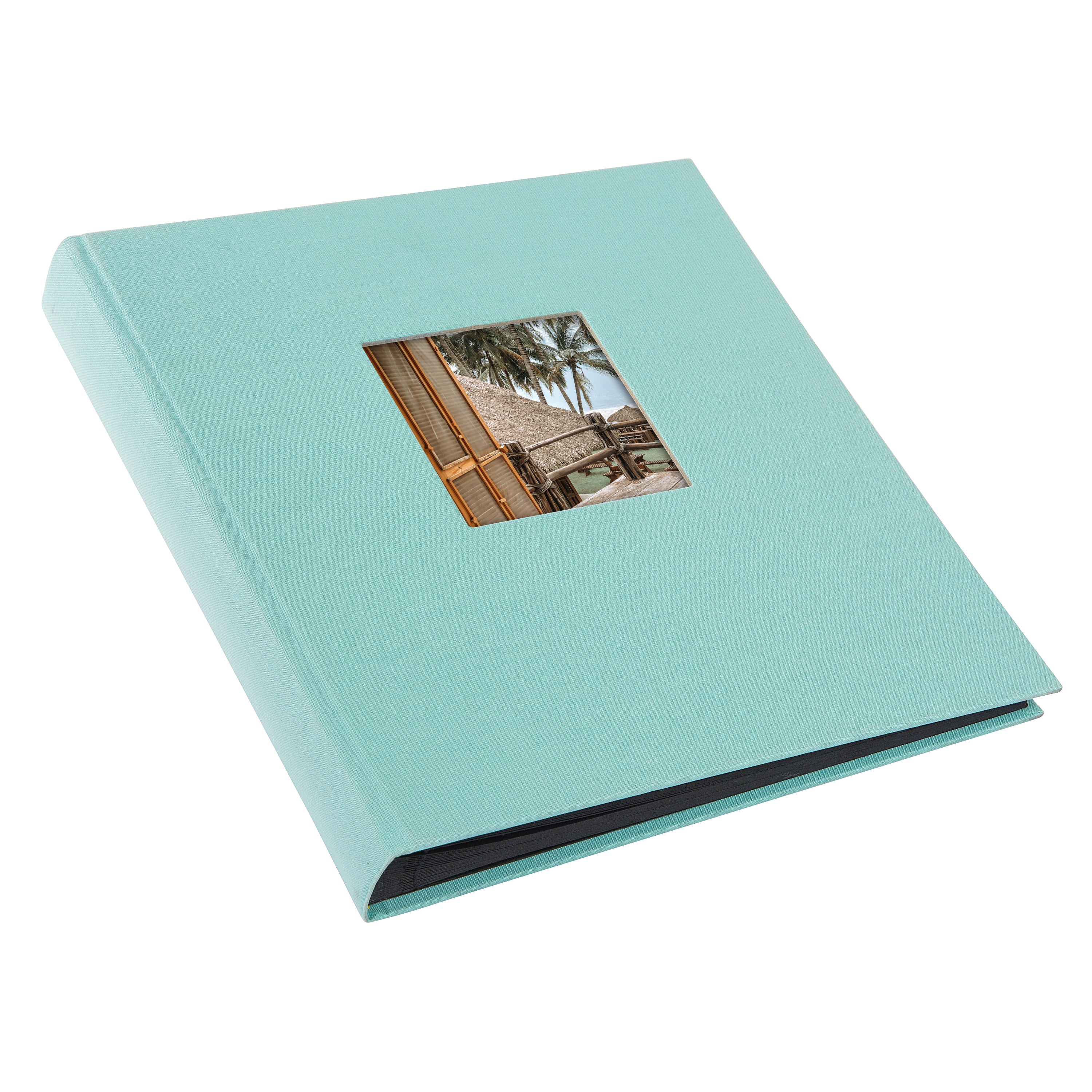 A Goldbuch aqua blue photo album with a cover illustration of a beach house, showcasing its hardcover design and black pages.