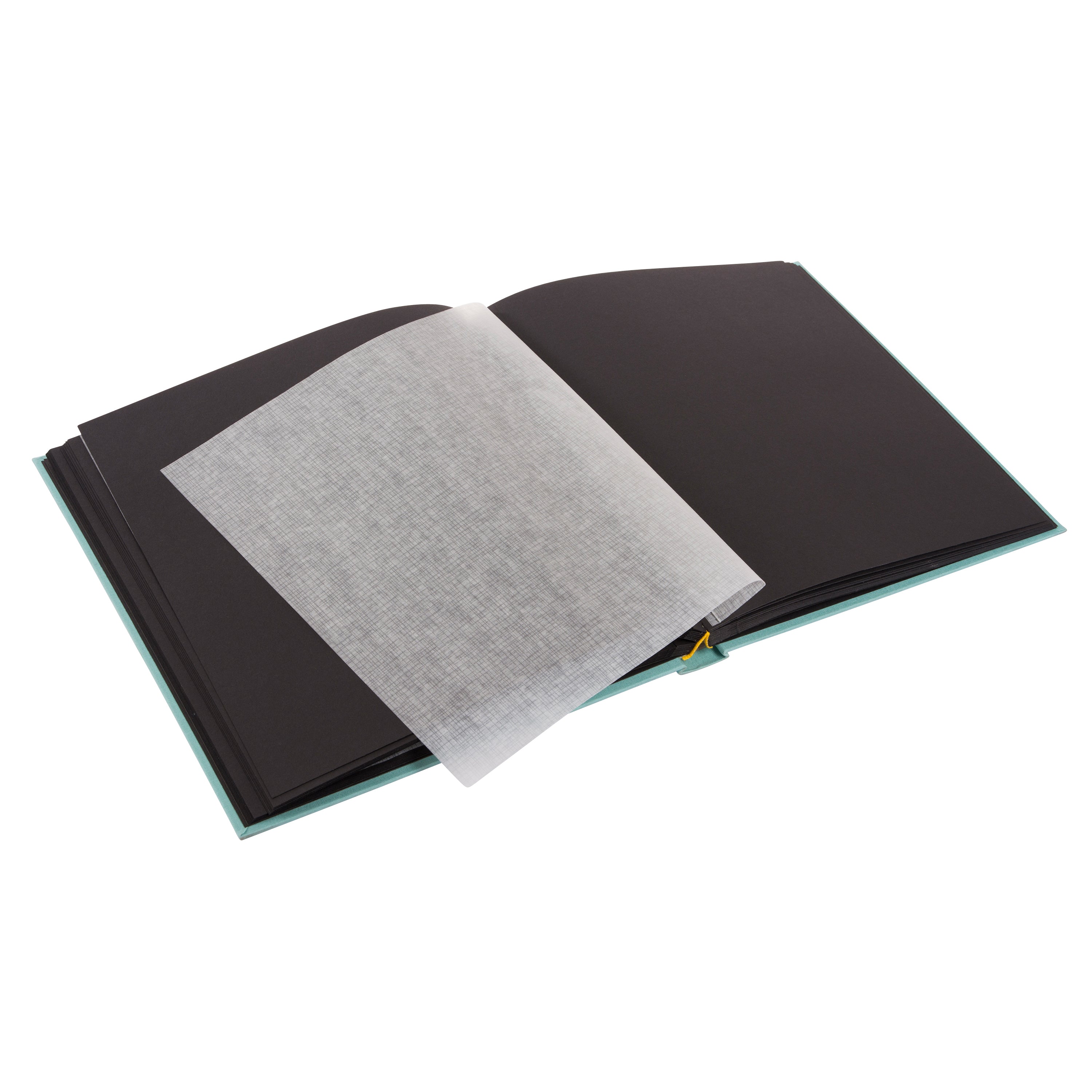 A Goldbuch aqua blue photo album with a cover illustration of a beach house, showcasing its hardcover design and black pages.