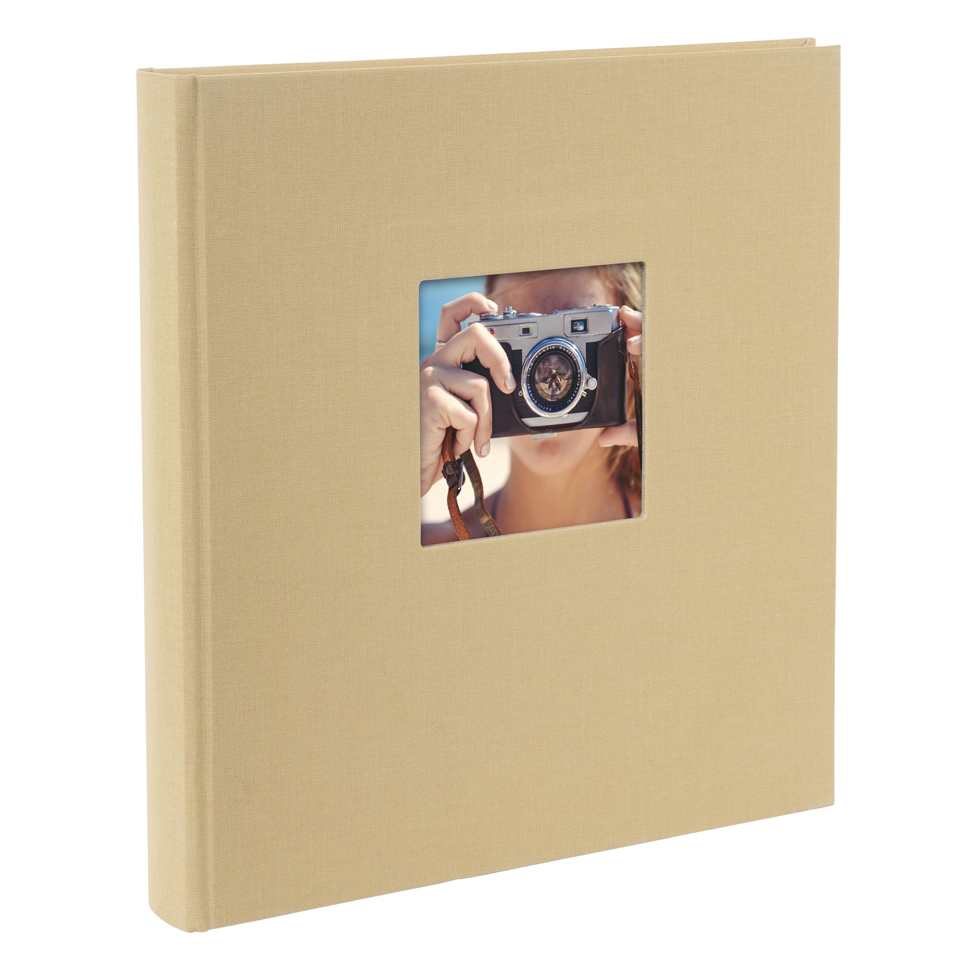 A Goldbuch beige photo album with a cover illustration of a girl taking photos showcasing its hardcover design and black pages.