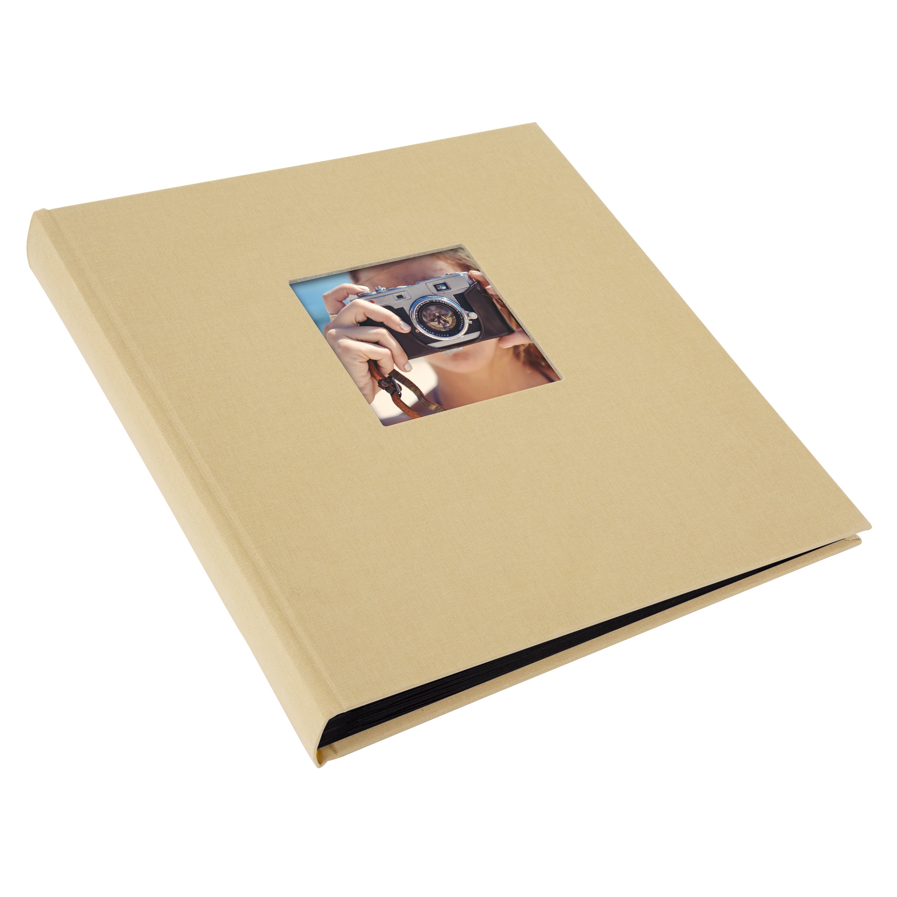 A Goldbuch beige photo album with a cover illustration of a girl taking photos showcasing its hardcover design and black pages.