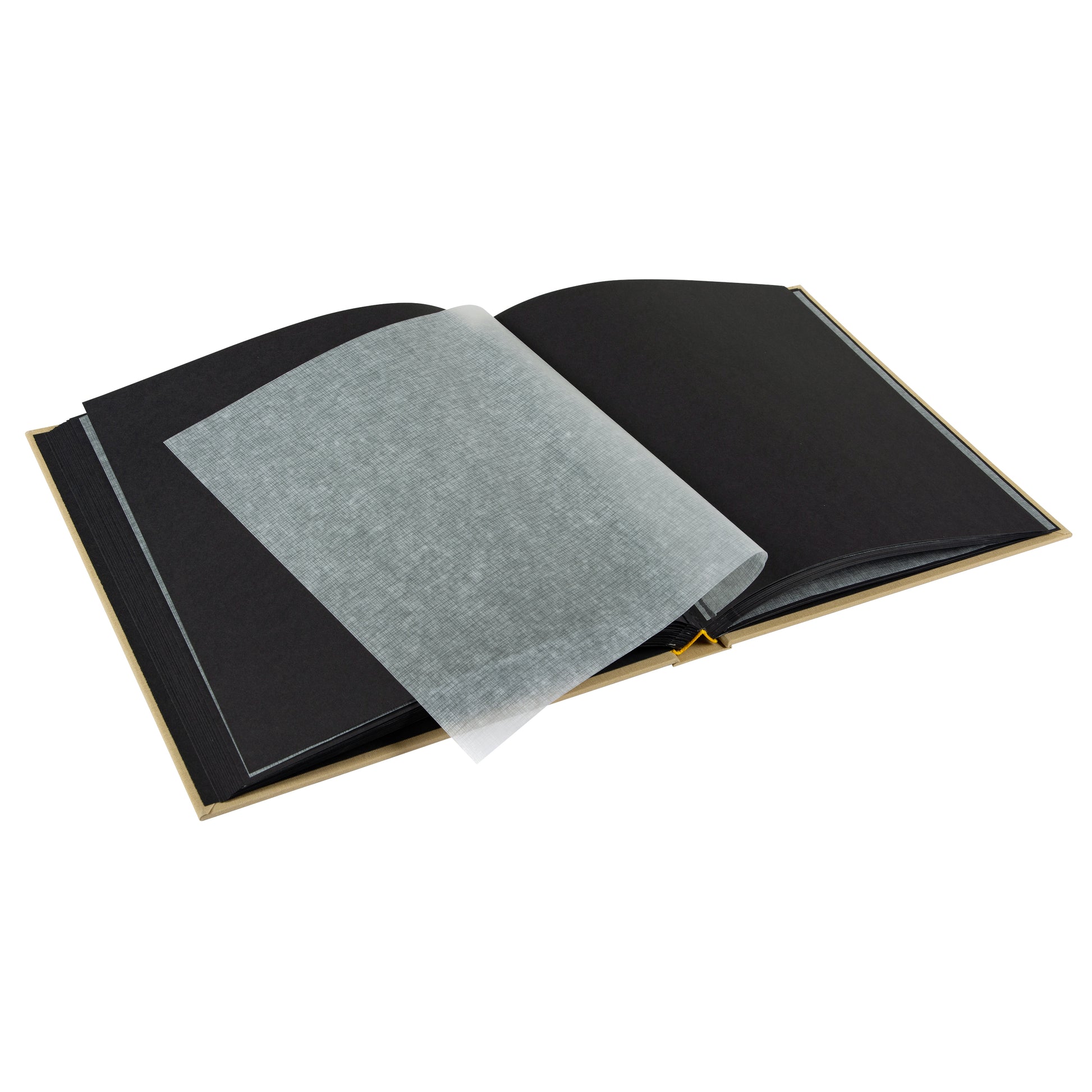 A Goldbuch beige photo album with a cover illustration of a girl taking photos showcasing its hardcover design and black pages.