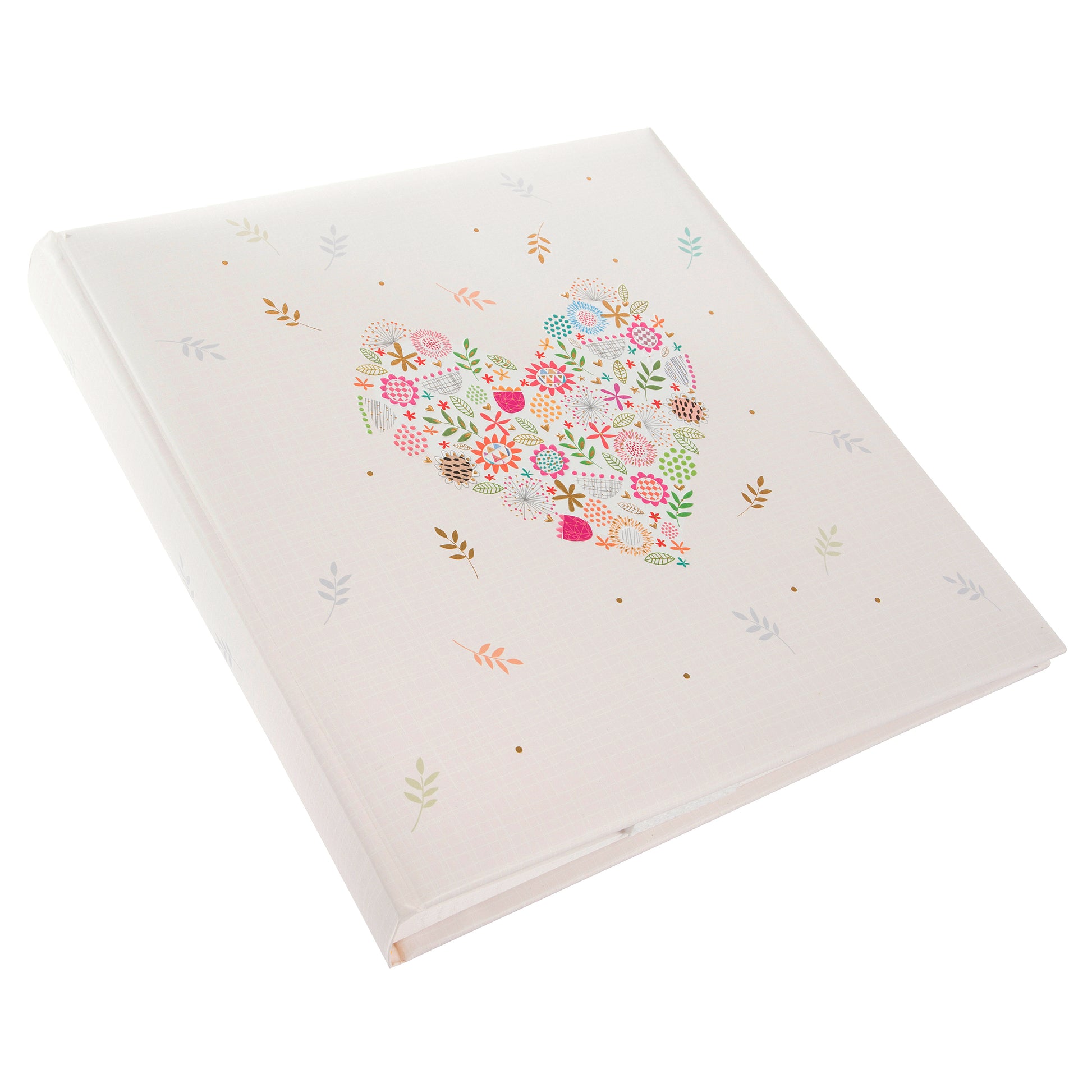 A Goldbuch white photo album with heart shaped flower design, decorated with flowers, ideal for your treasured moments.