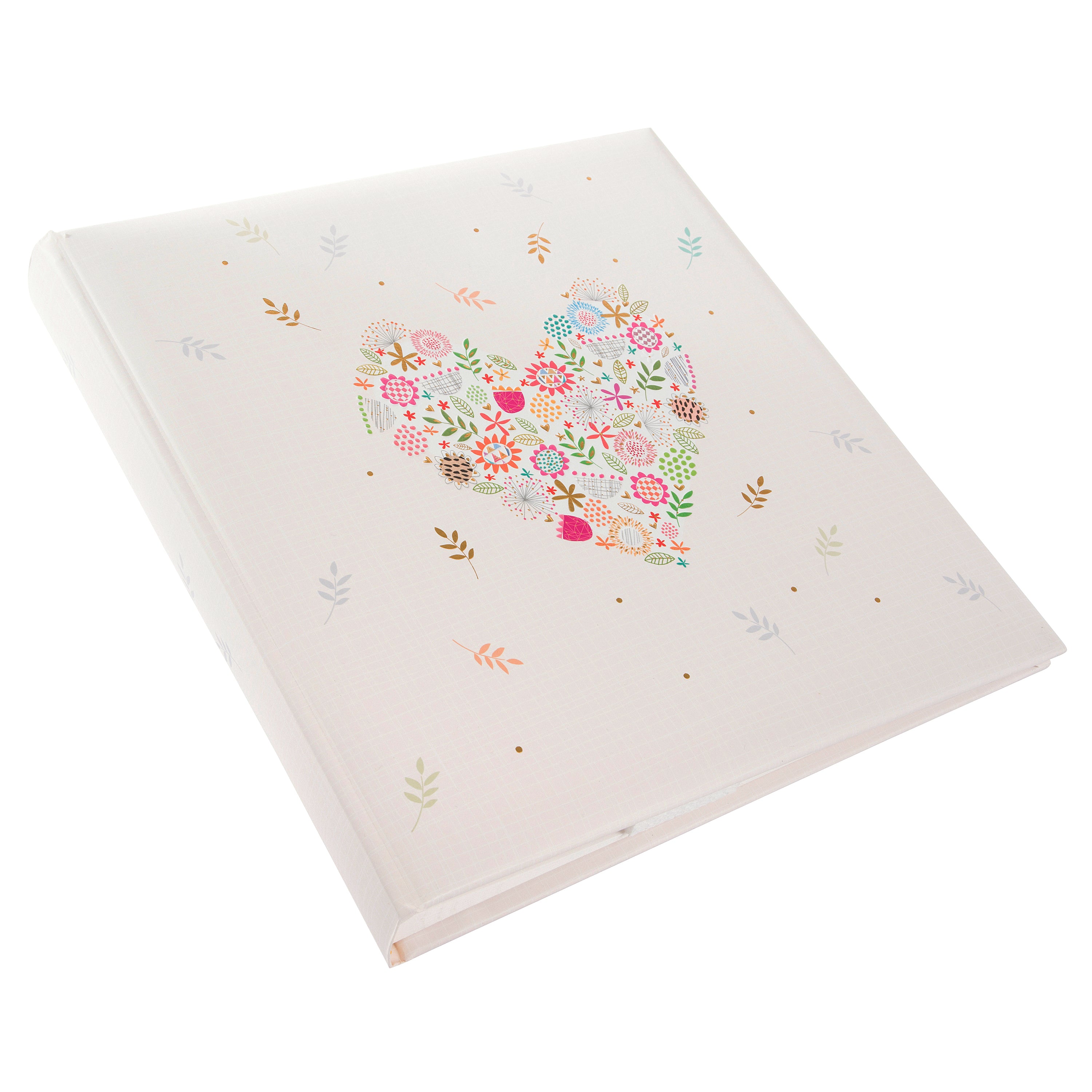 A Goldbuch white photo album with heart shaped flower design, decorated with flowers, ideal for your treasured moments.