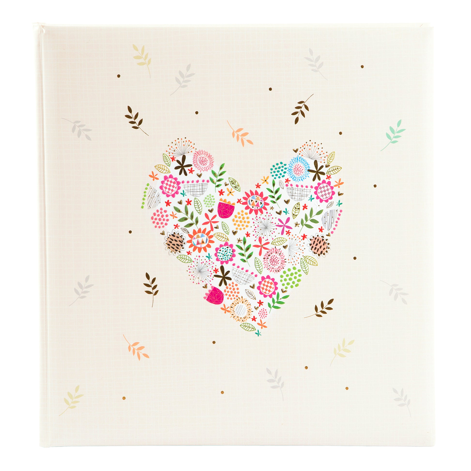 A Goldbuch white photo album with heart shaped flower design, decorated with flowers, ideal for your treasured moments.