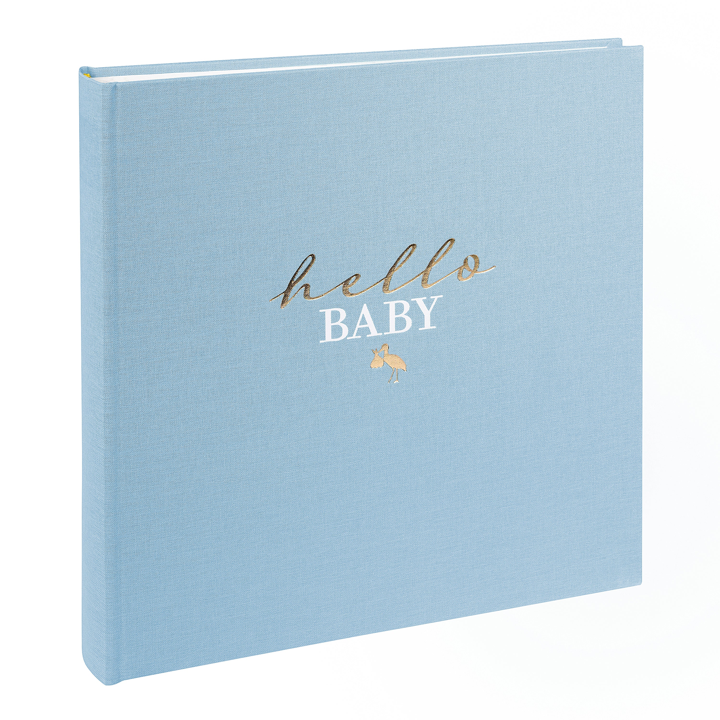 Goldbuch photo album with hello baby text on a light blue surface.