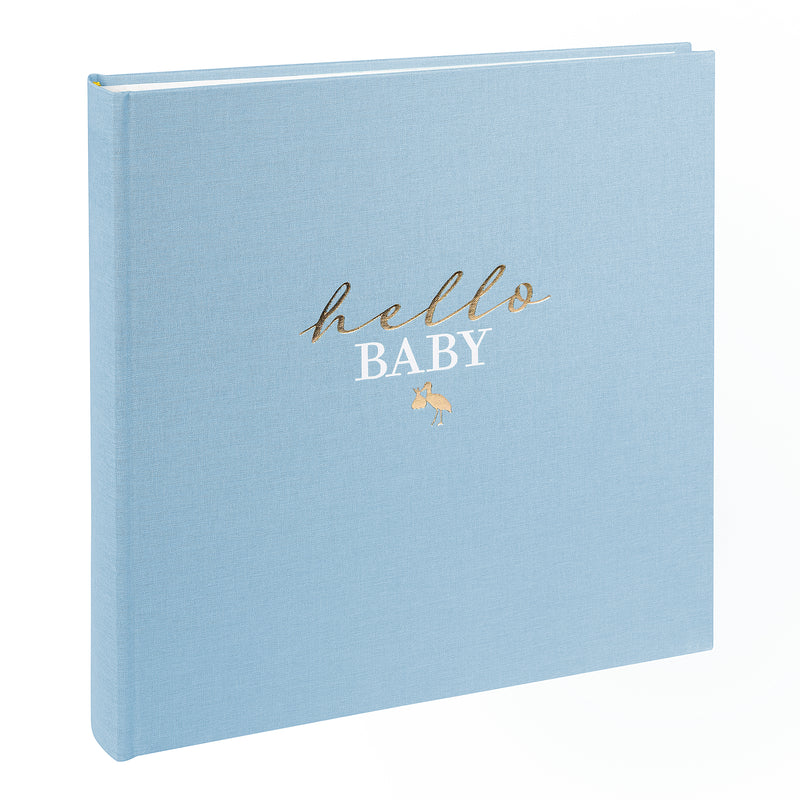 Goldbuch photo album with hello baby text on a light blue surface.