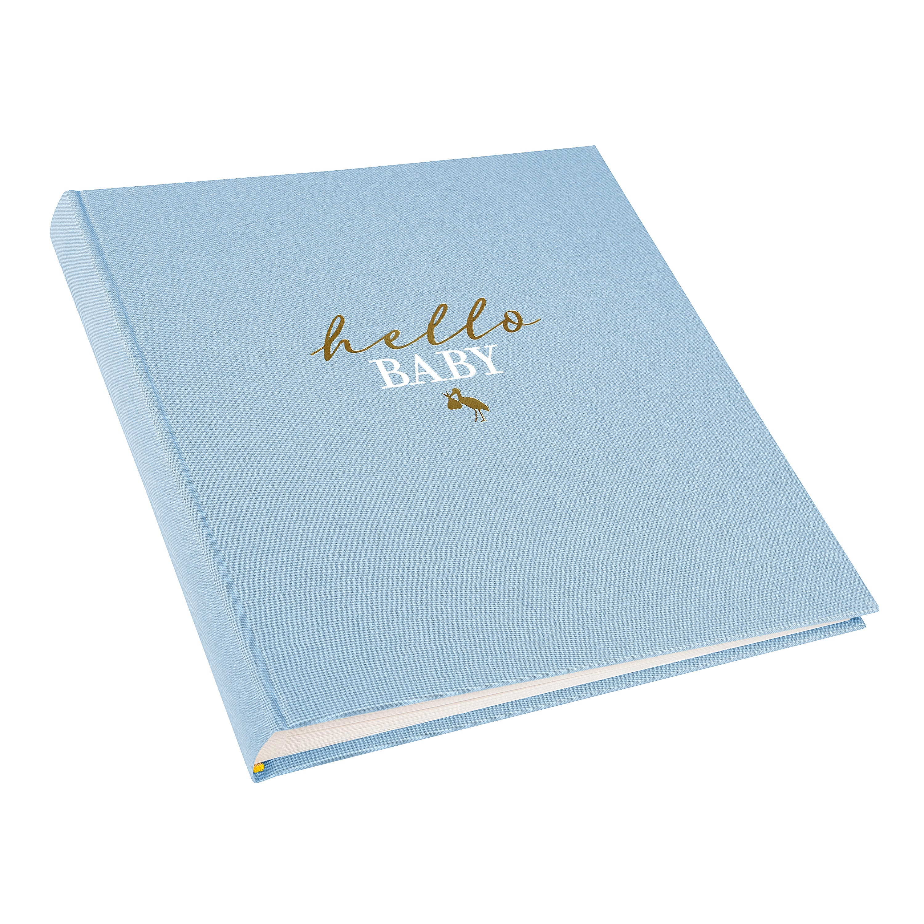 Goldbuch photo album with hello baby text on a light blue surface.