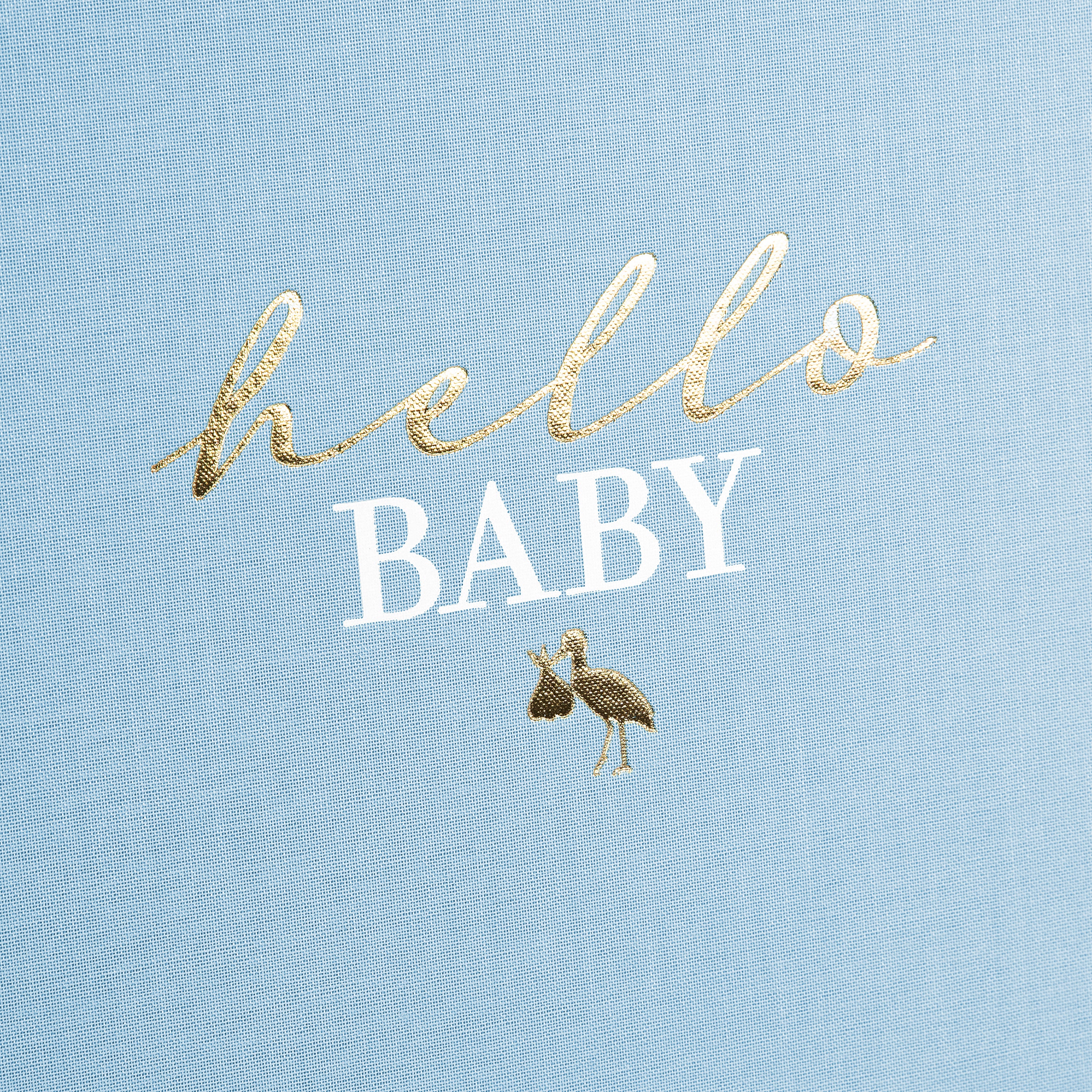 Goldbuch photo album with hello baby text on a light blue surface.
