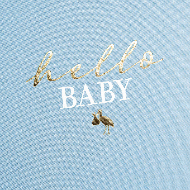 Goldbuch photo album with hello baby text on a light blue surface.