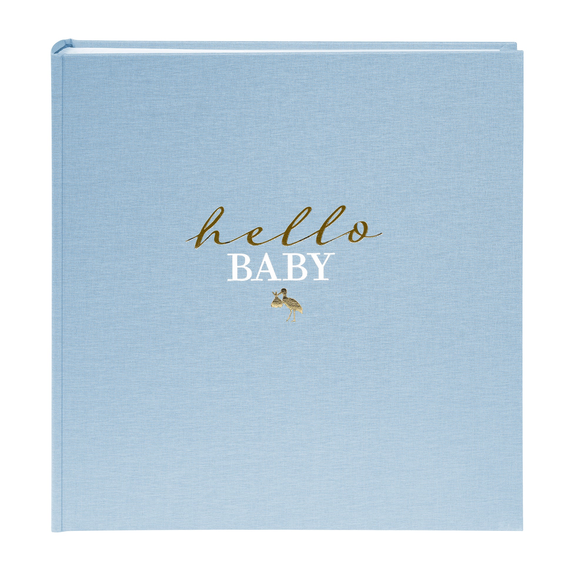 Goldbuch photo album with hello baby text on a light blue surface.