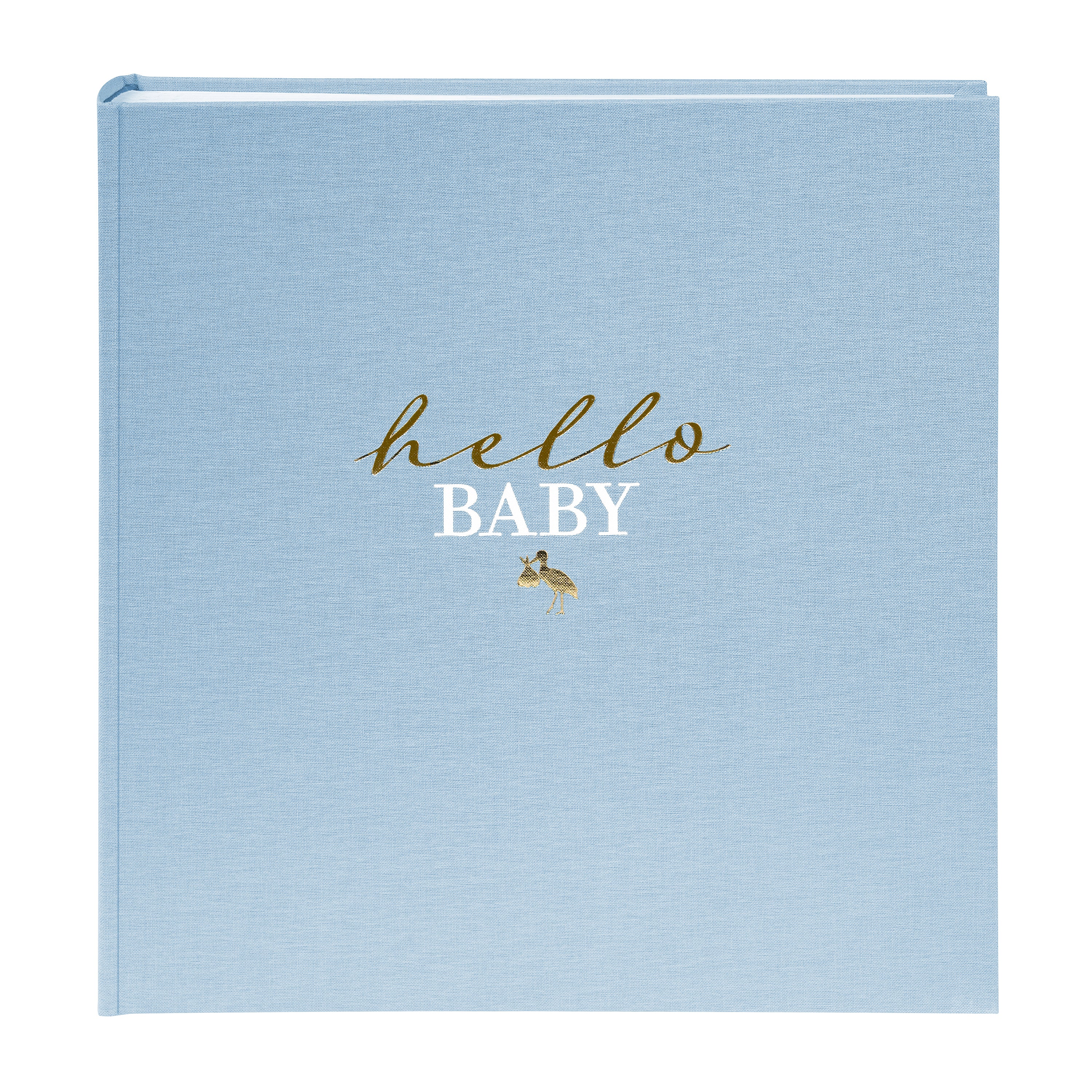 Goldbuch photo album with hello baby text on a light blue surface.