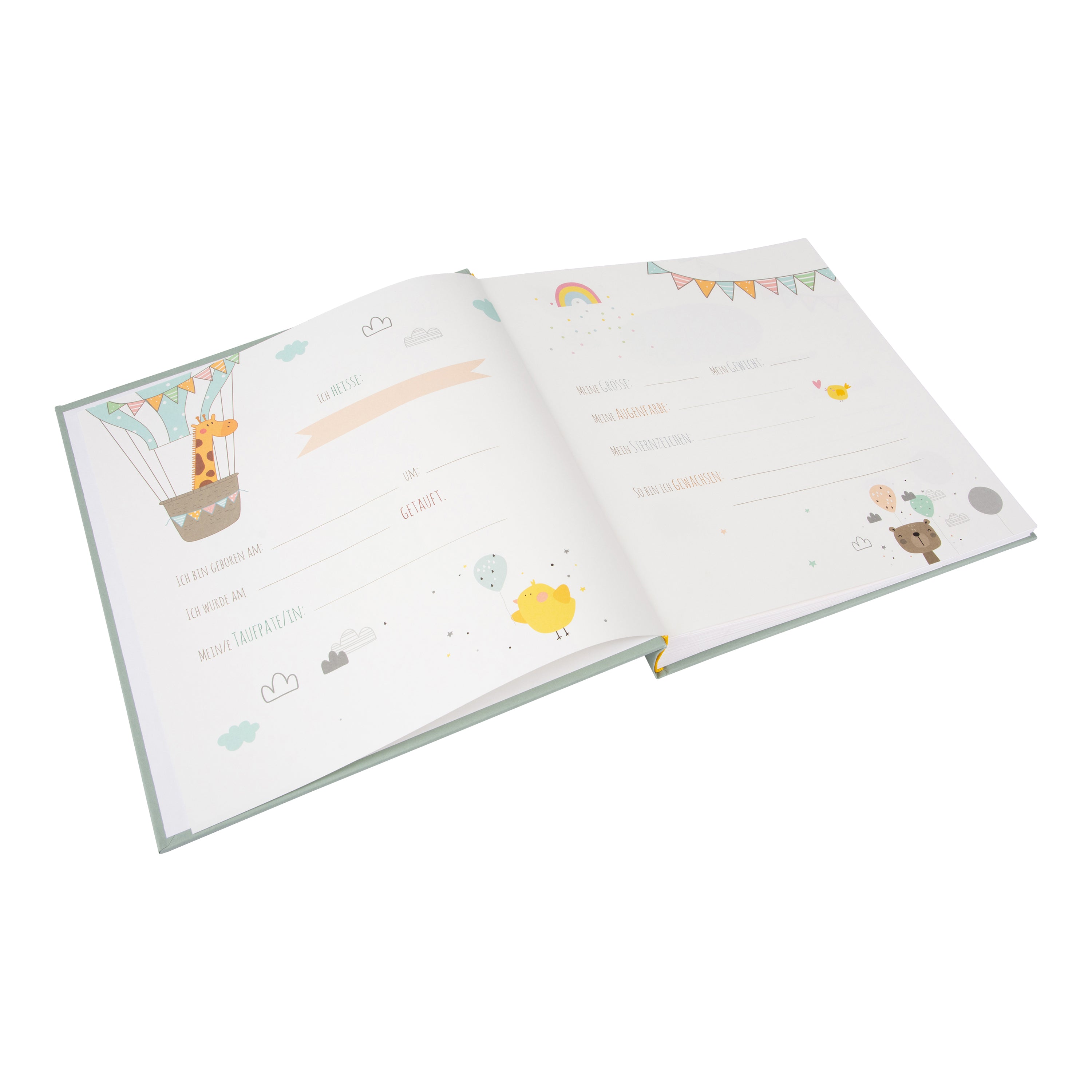 A Goldbuch light green Baby Boy photo album with elegant design, ideal for your treasured moments, with additional page for the baby name.