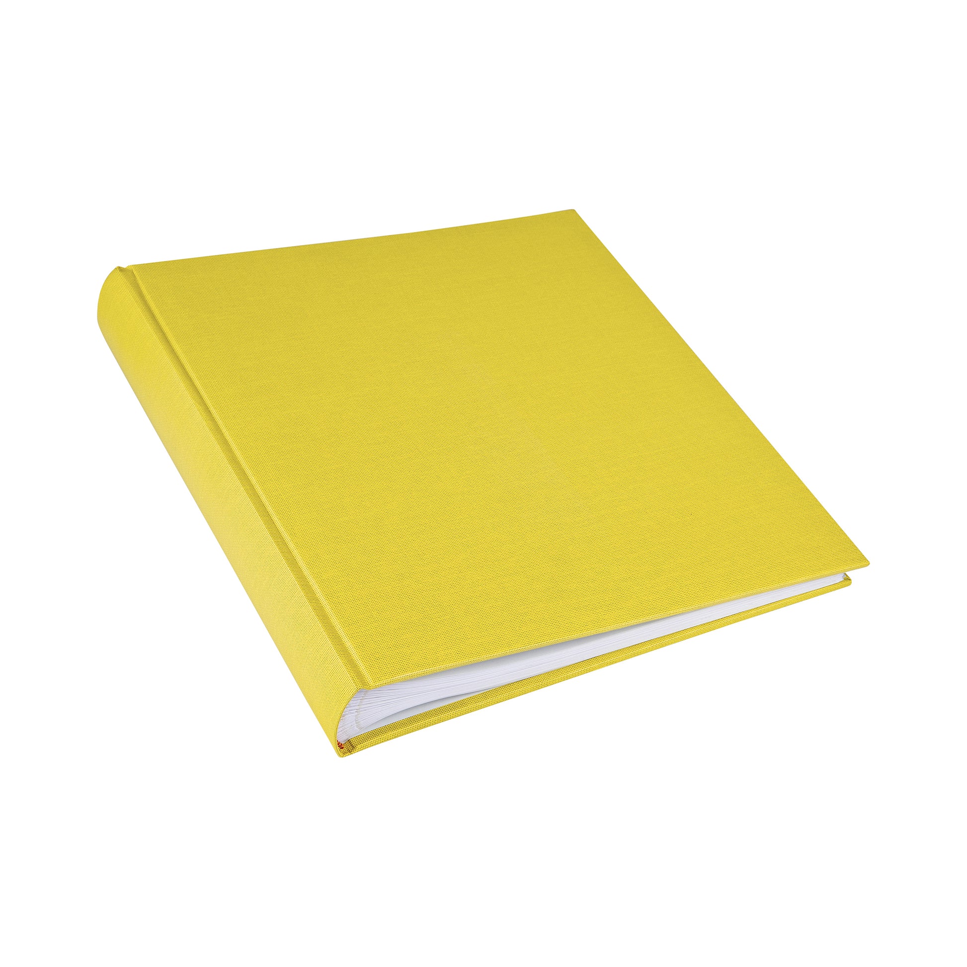A yellow Goldbuch photo album resting on a white background, showcasing its vibrant color and sleek design.