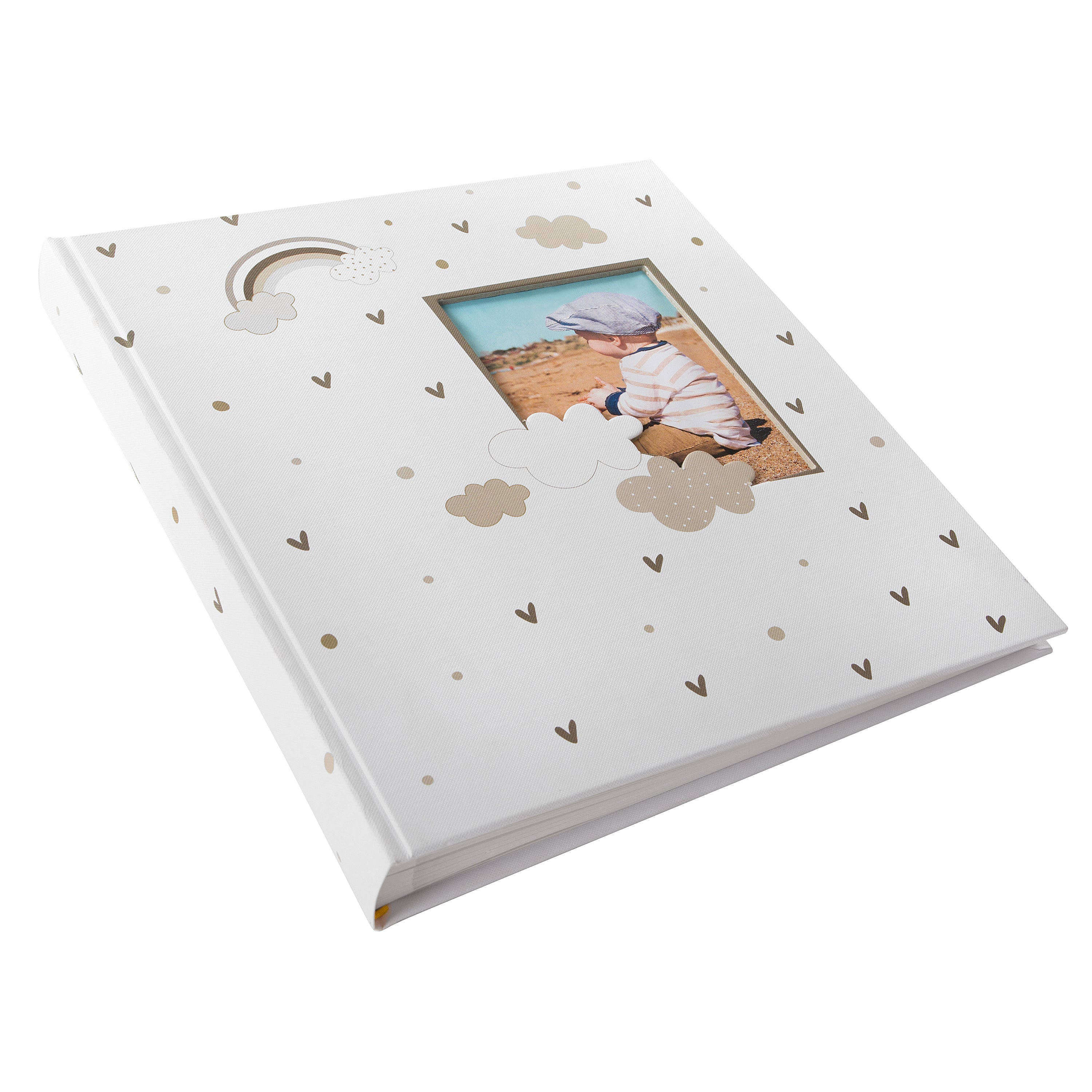 A Goldbuch delightful baby photo album illustrated with fluffy clouds, hearts and bright rainbows, showcasing treasured early moments.