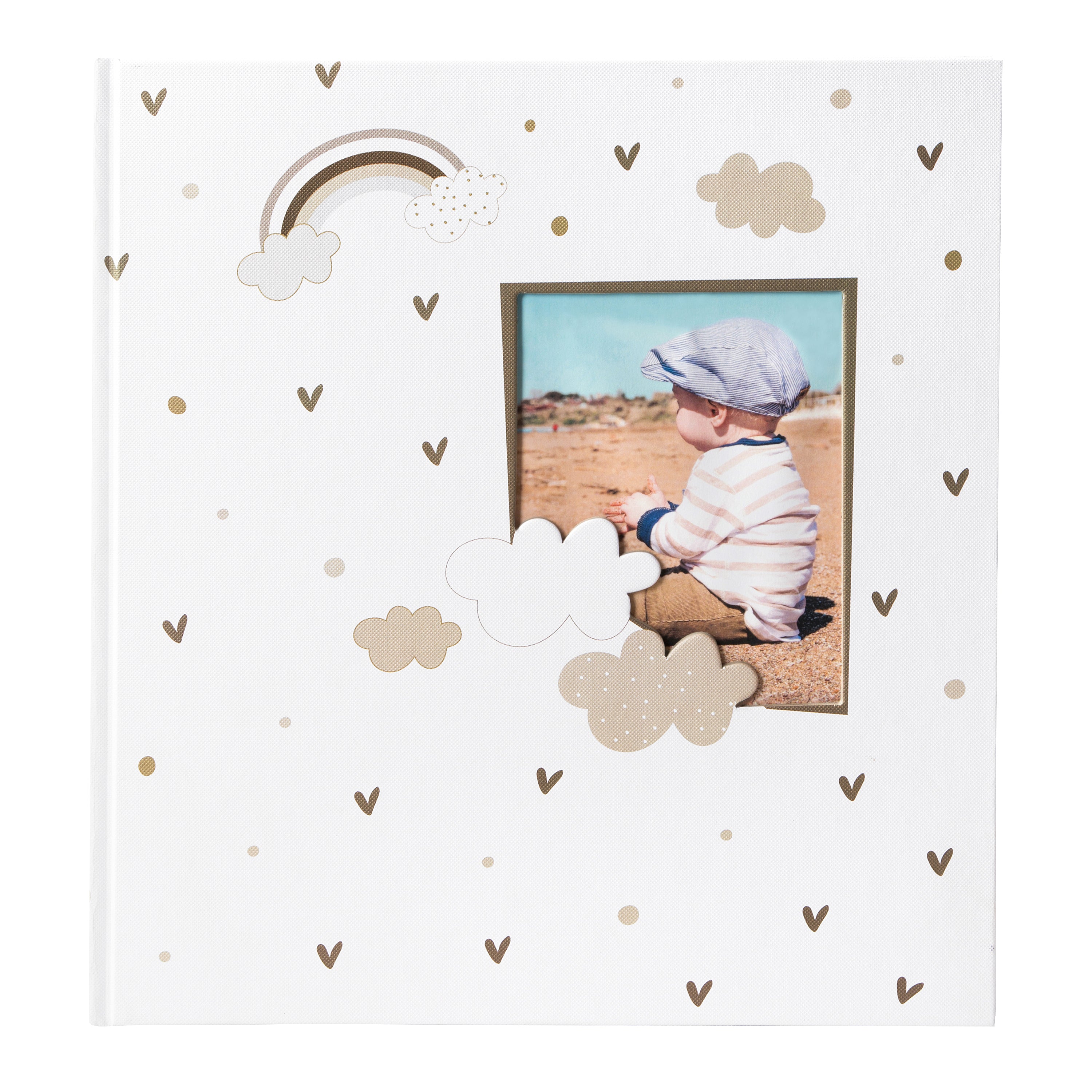A Goldbuch delightful baby photo album illustrated with fluffy clouds, hearts and bright rainbows, showcasing treasured early moments.