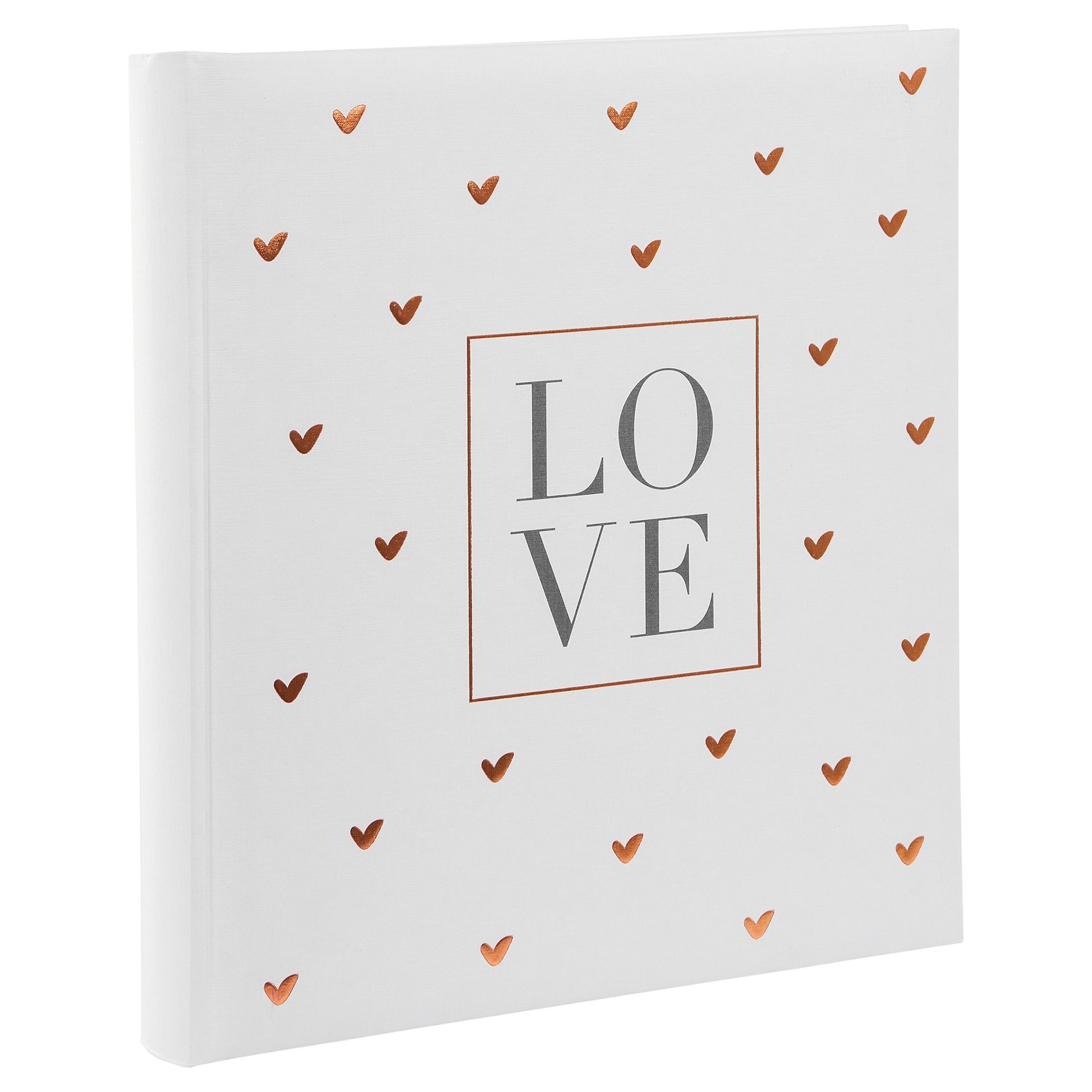 A white Goldbuch wedding photo album with a heart-shaped design pattern, symbolizing love and celebration.