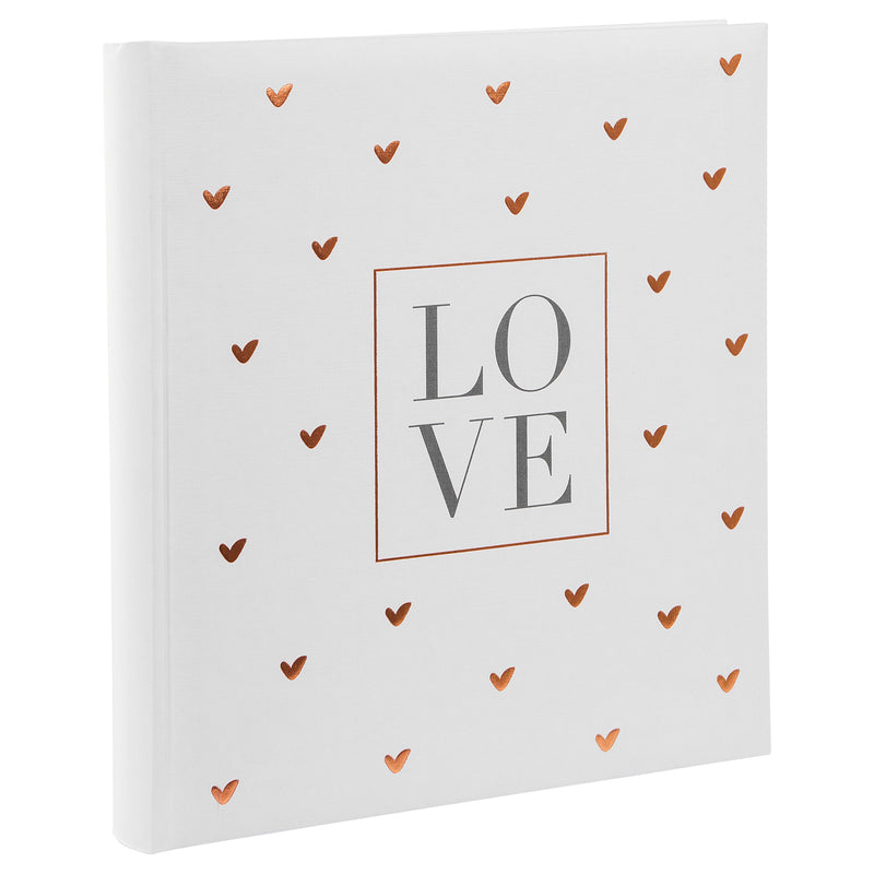 A white Goldbuch wedding photo album with a heart-shaped design pattern, symbolizing love and celebration.