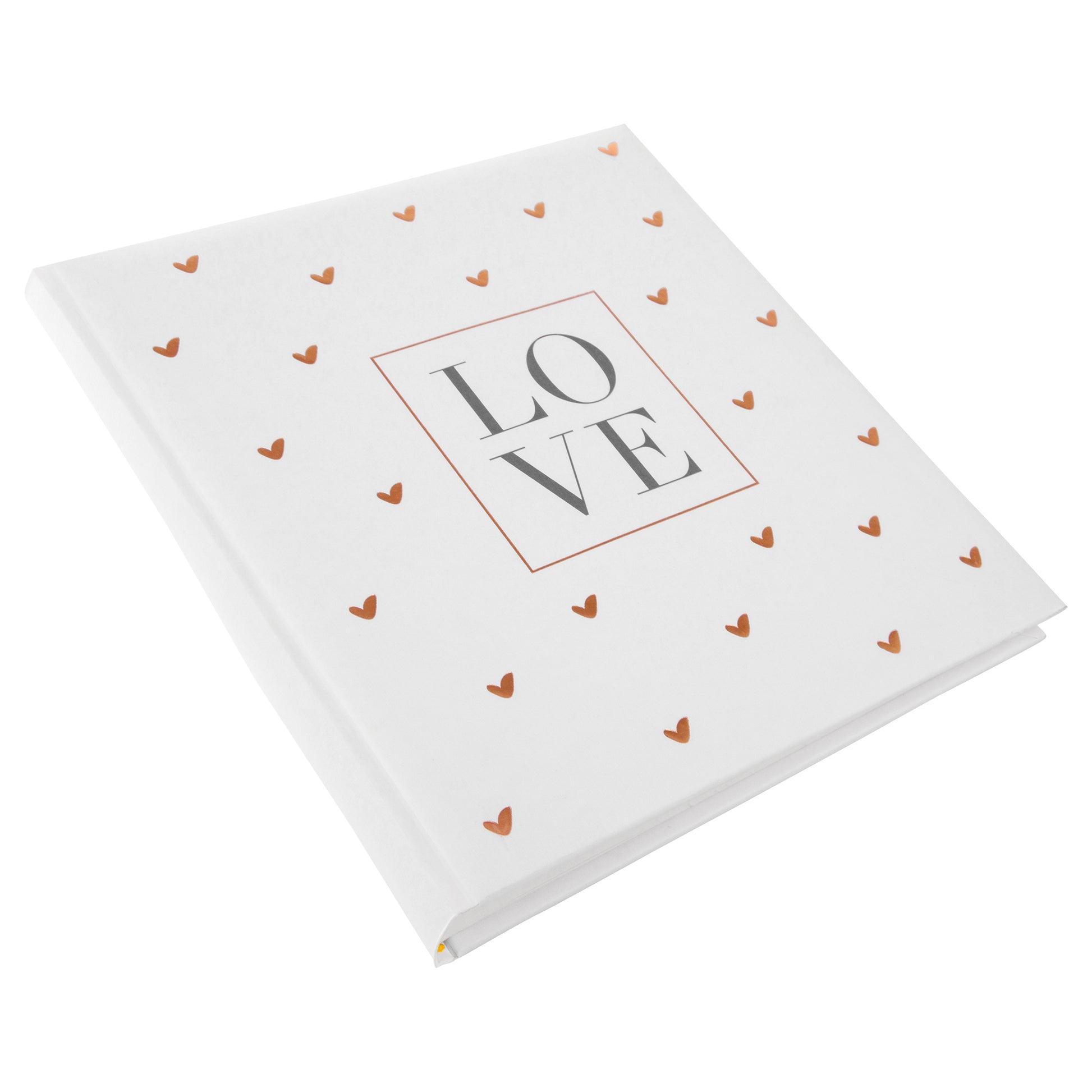 A white Goldbuch wedding photo album with a heart-shaped design pattern, symbolizing love and celebration.