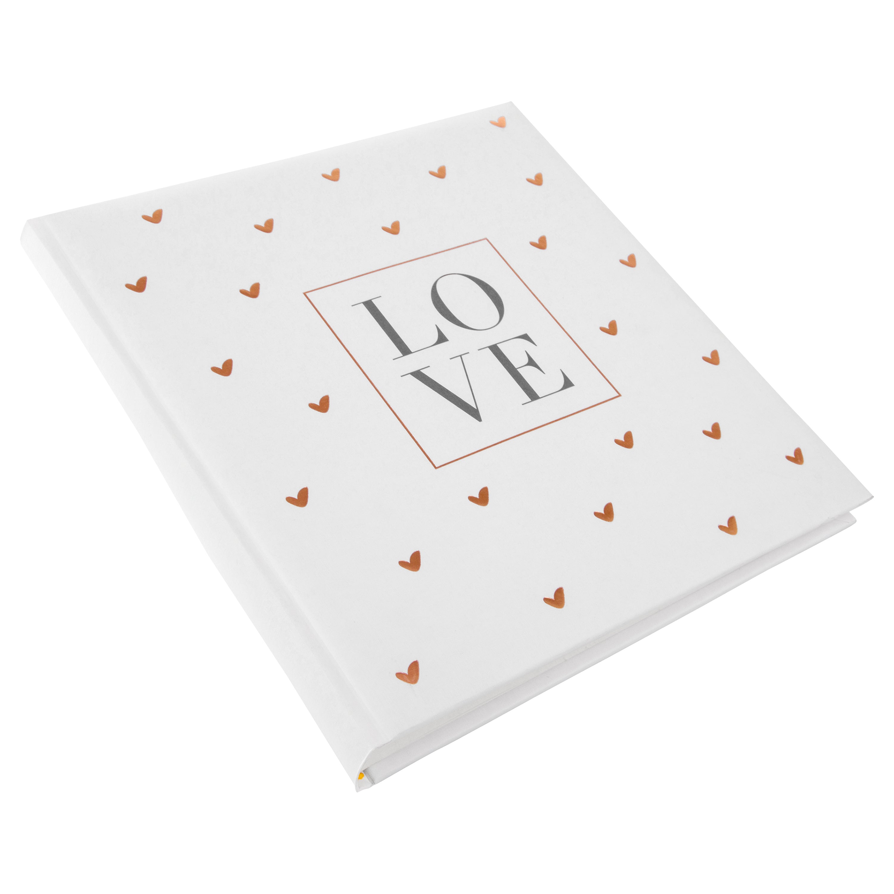 A white Goldbuch wedding photo album with a heart-shaped design pattern, symbolizing love and celebration.