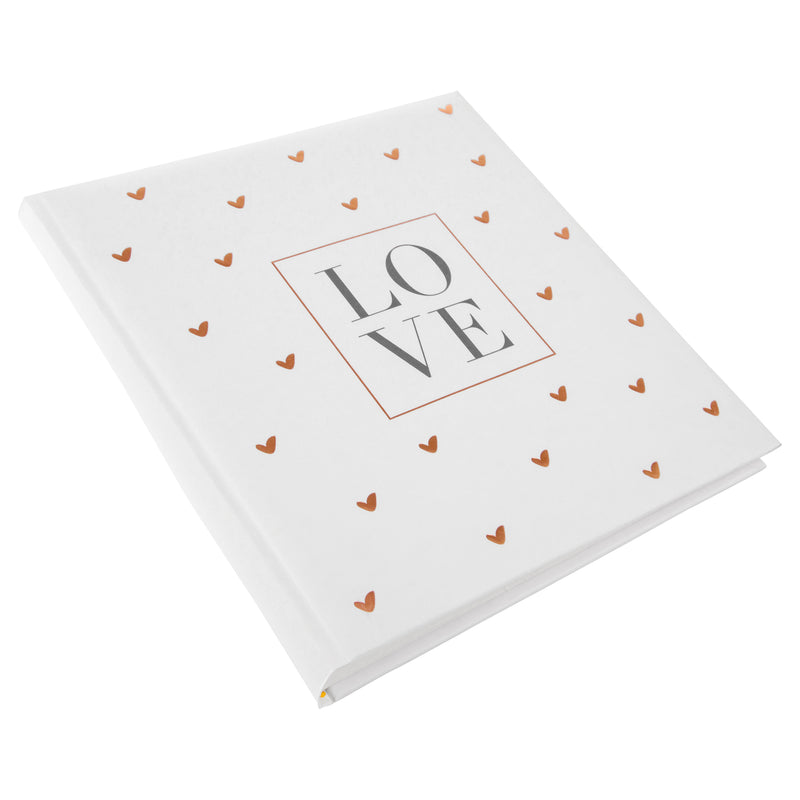 A white Goldbuch wedding photo album with a heart-shaped design pattern, symbolizing love and celebration.