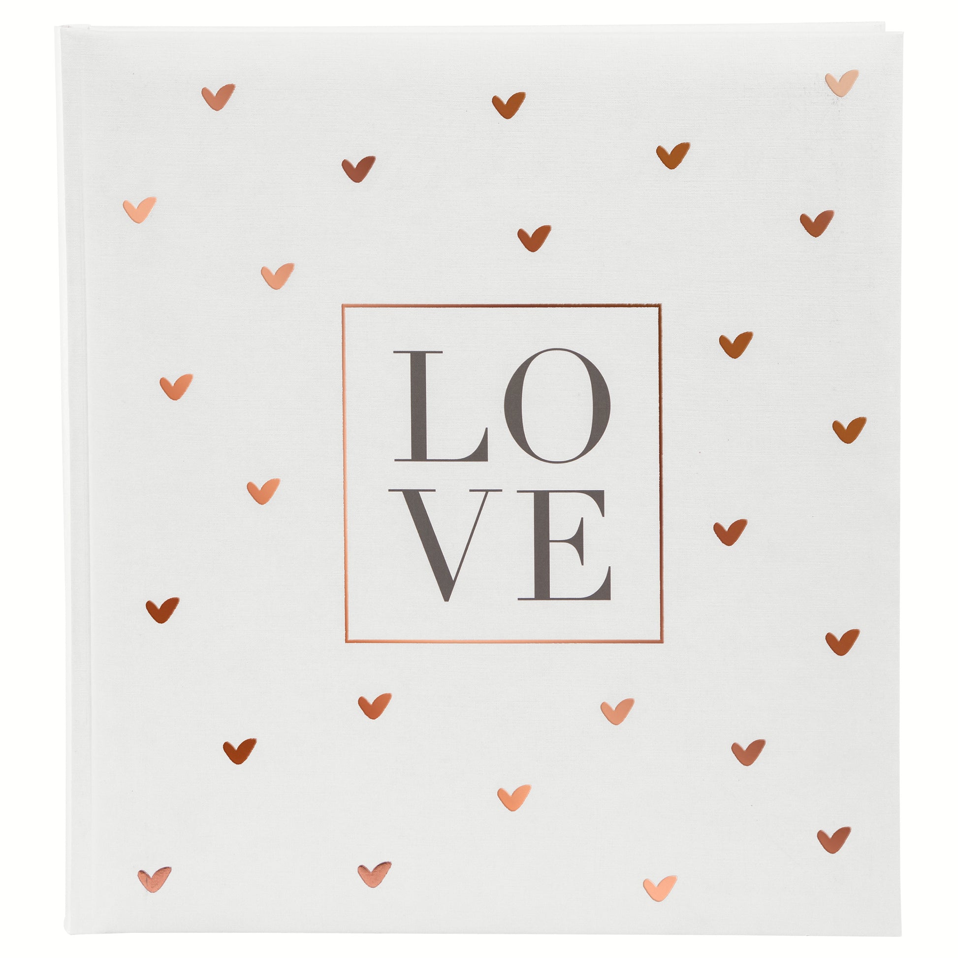A white Goldbuch wedding photo album with a heart-shaped design pattern, symbolizing love and celebration.