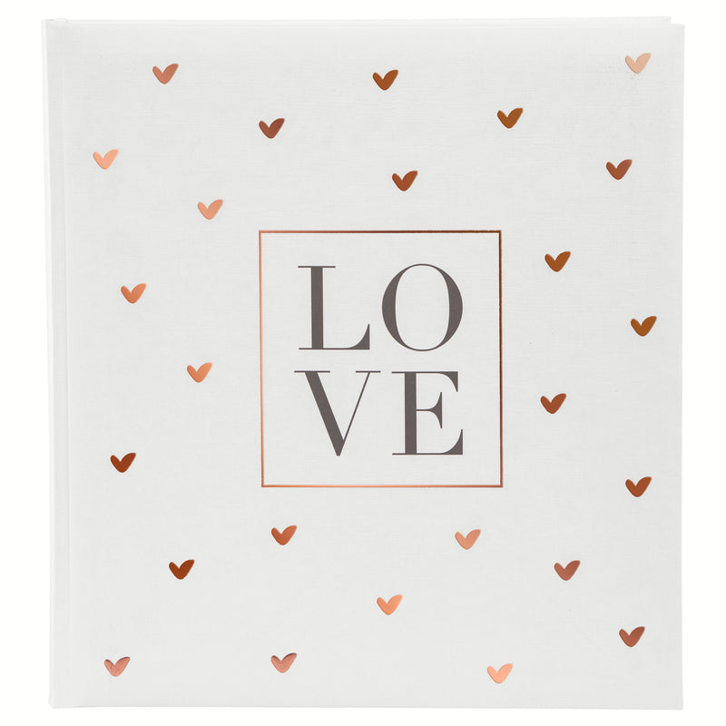 A white Goldbuch wedding photo album with a heart-shaped design pattern, symbolizing love and celebration.